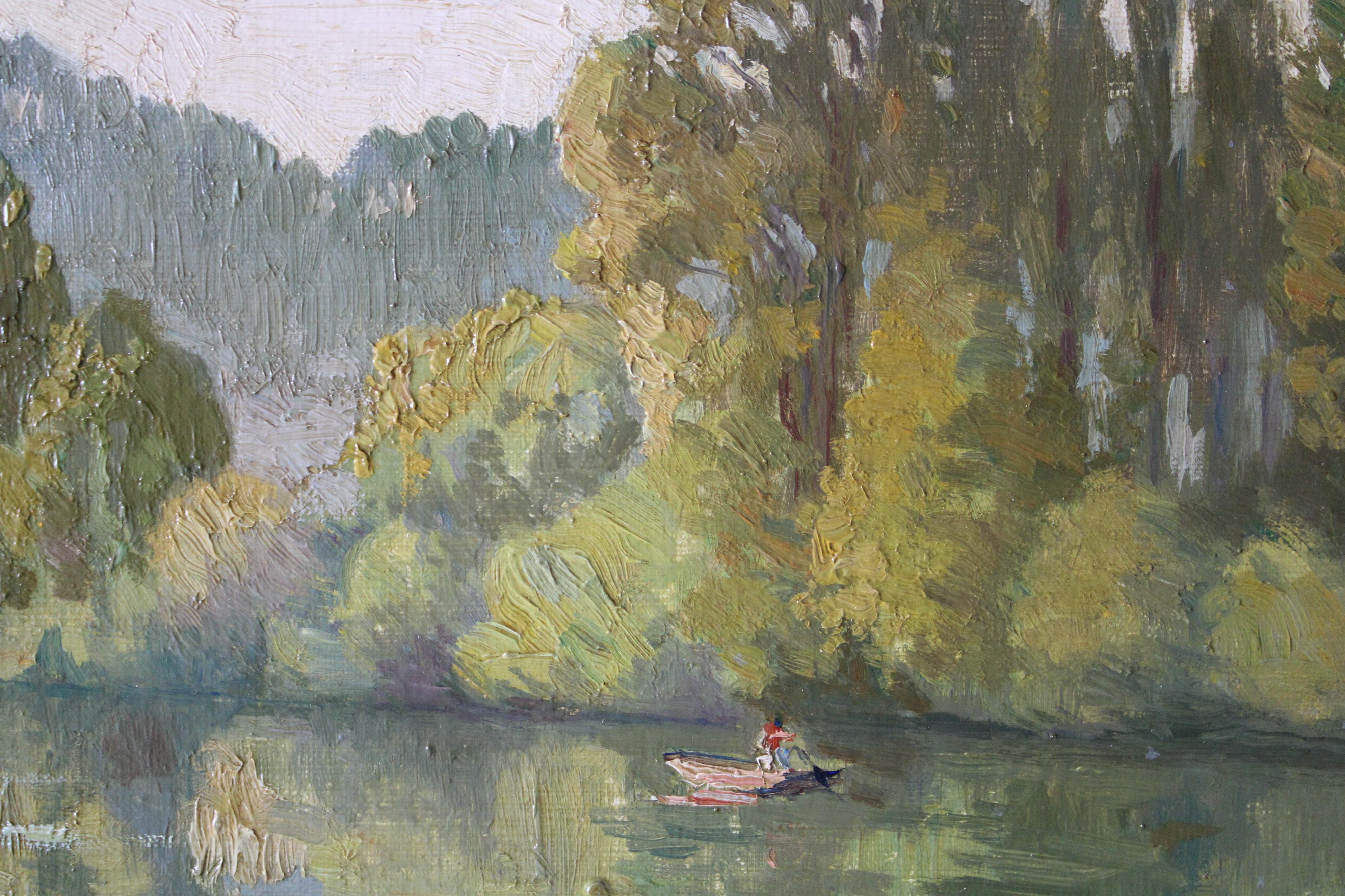 Antique landscape, riverscape oil painting by Pierre Louis Cazaubon For Sale 10