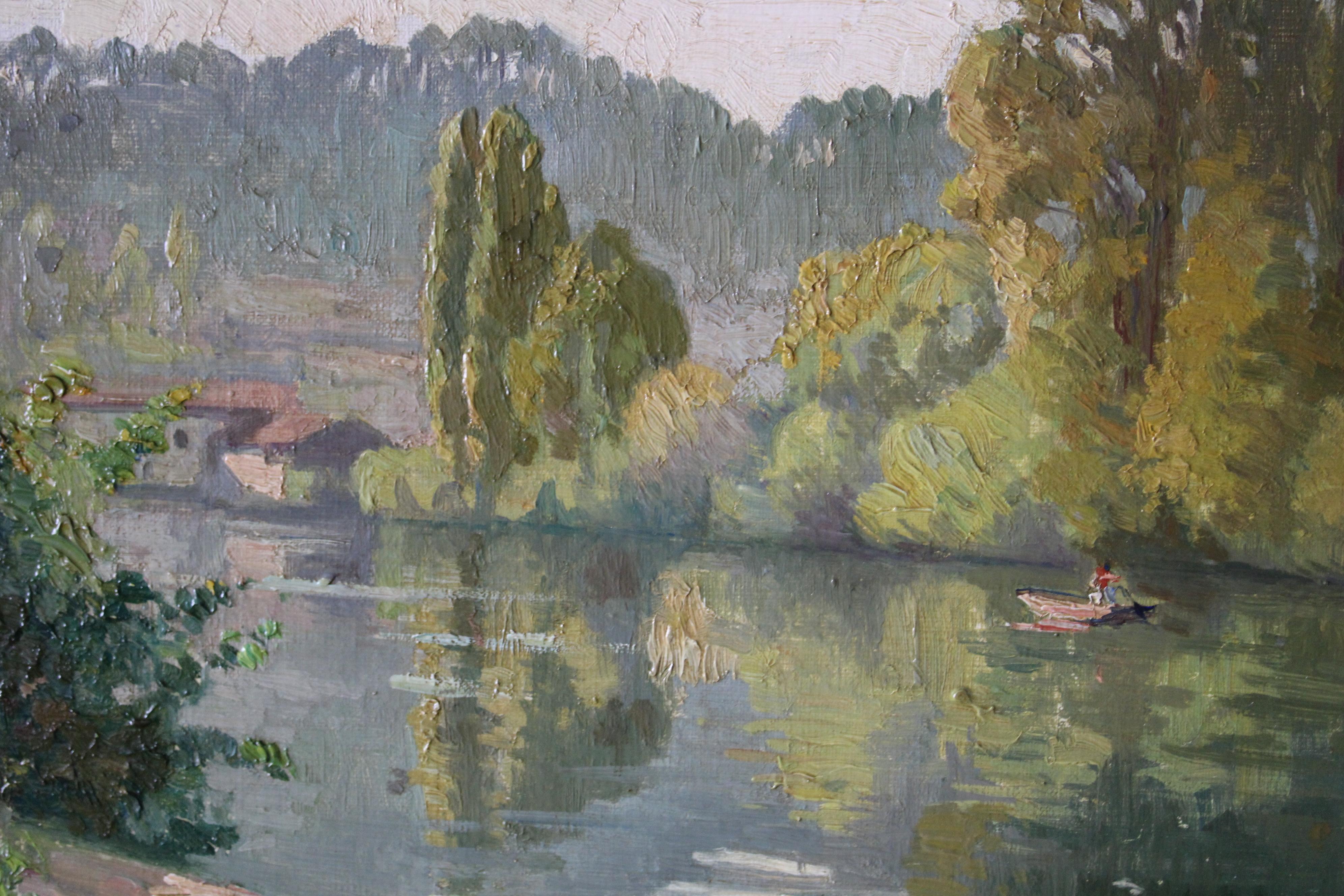 Antique landscape, riverscape oil painting by Pierre Louis Cazaubon For Sale 11