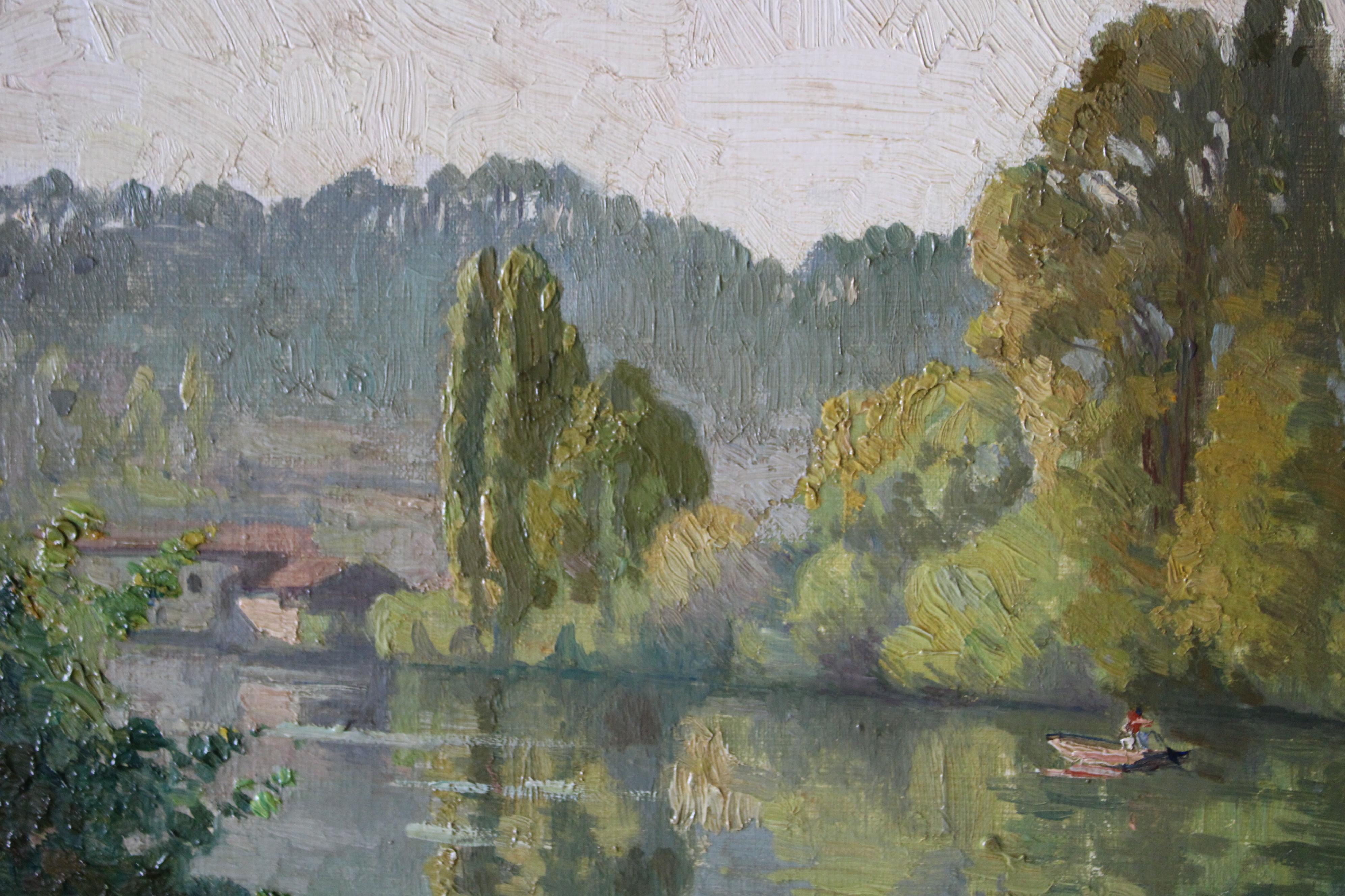 Antique landscape, riverscape oil painting by Pierre Louis Cazaubon For Sale 12