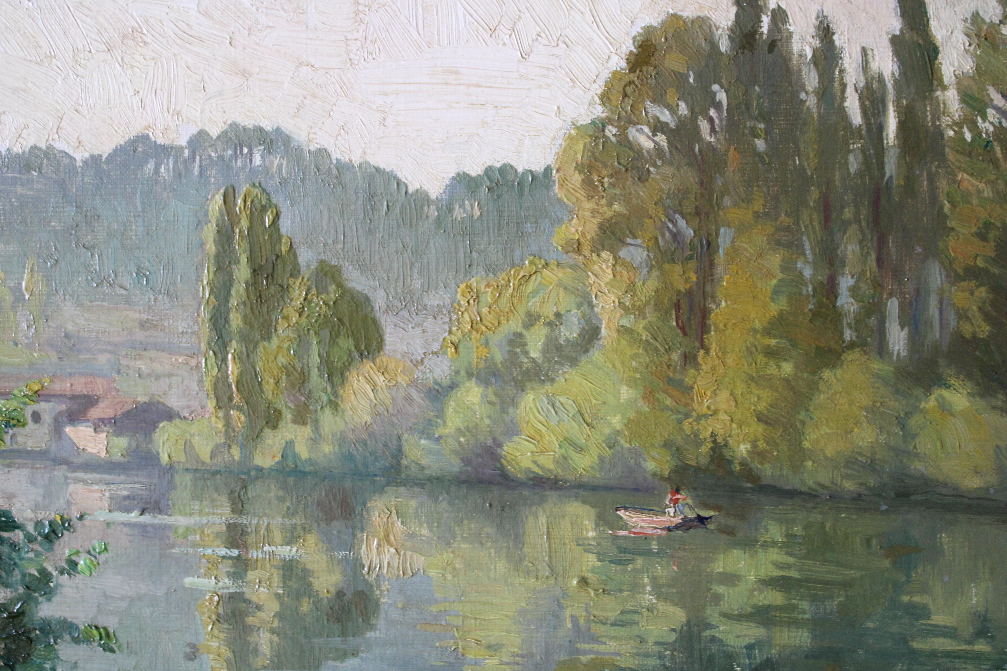 Antique landscape, riverscape oil painting by Pierre Louis Cazaubon For Sale 1