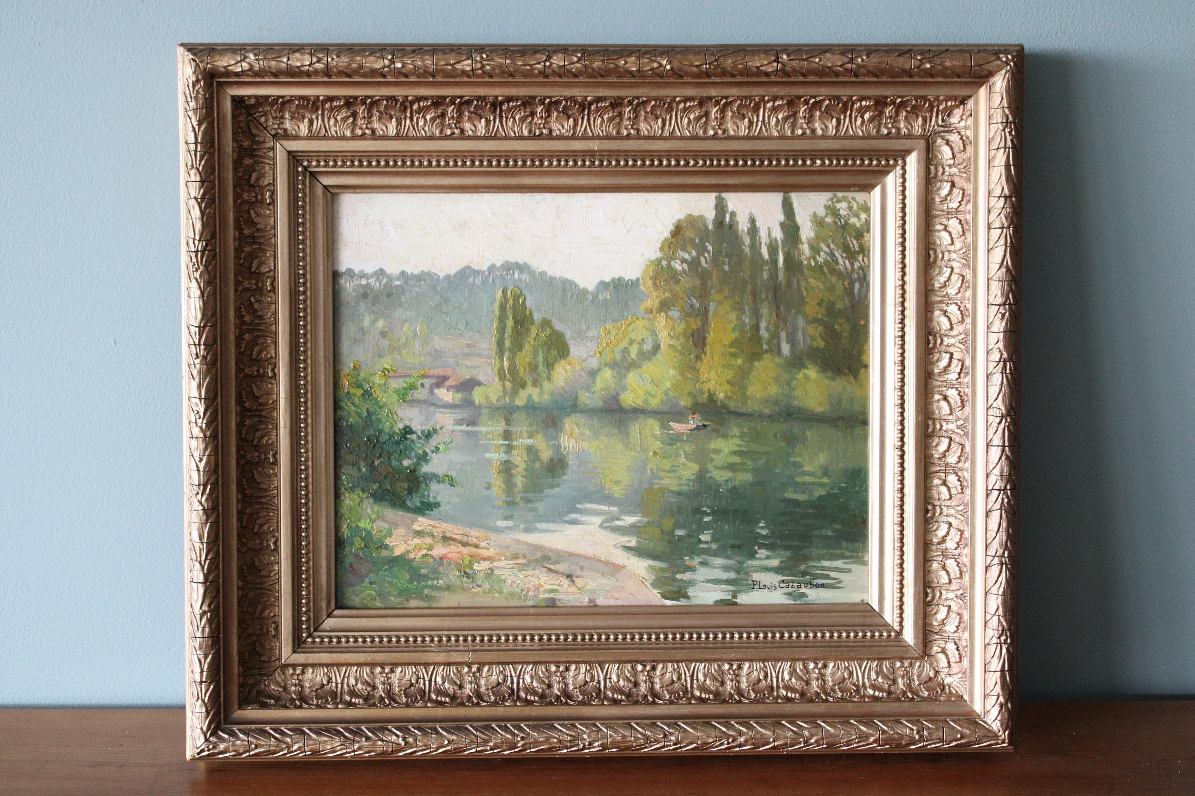 Antique landscape, riverscape oil painting by Pierre Louis Cazaubon For Sale 2