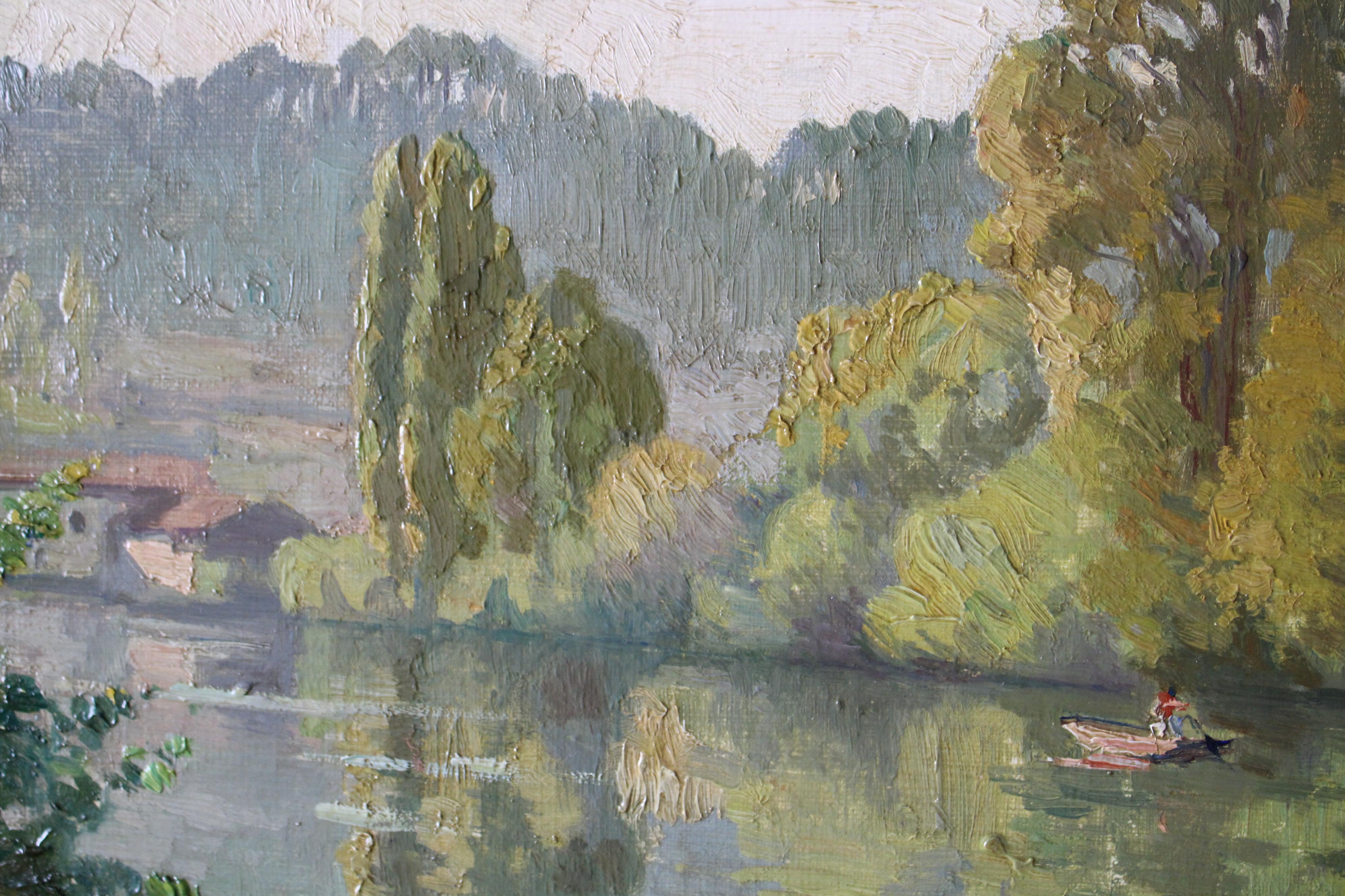 Antique landscape, riverscape oil painting by Pierre Louis Cazaubon For Sale 3