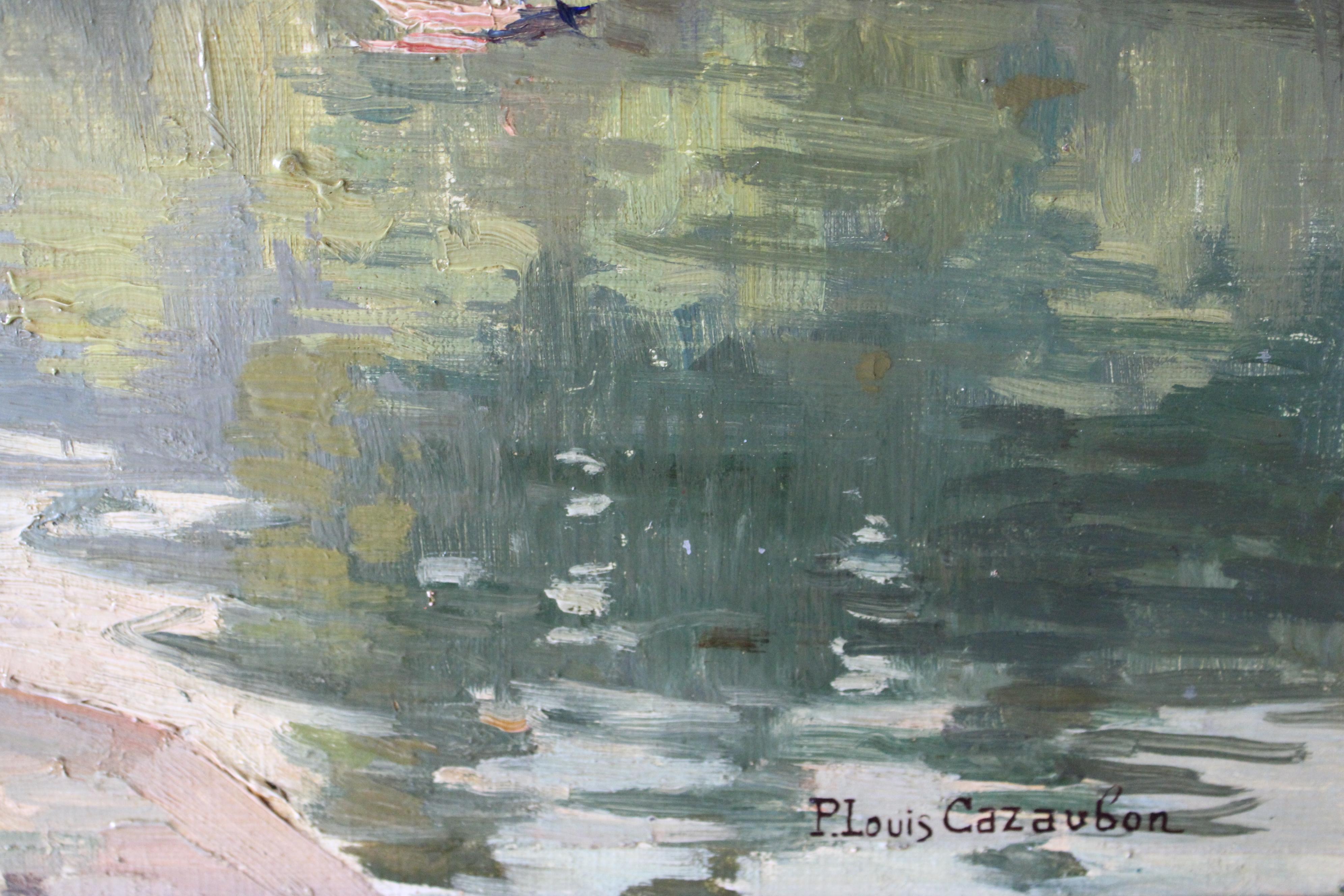 Paysage ancien, paysage fluvial peint à l'huile de Pierre Louis Cazaubon en vente 5