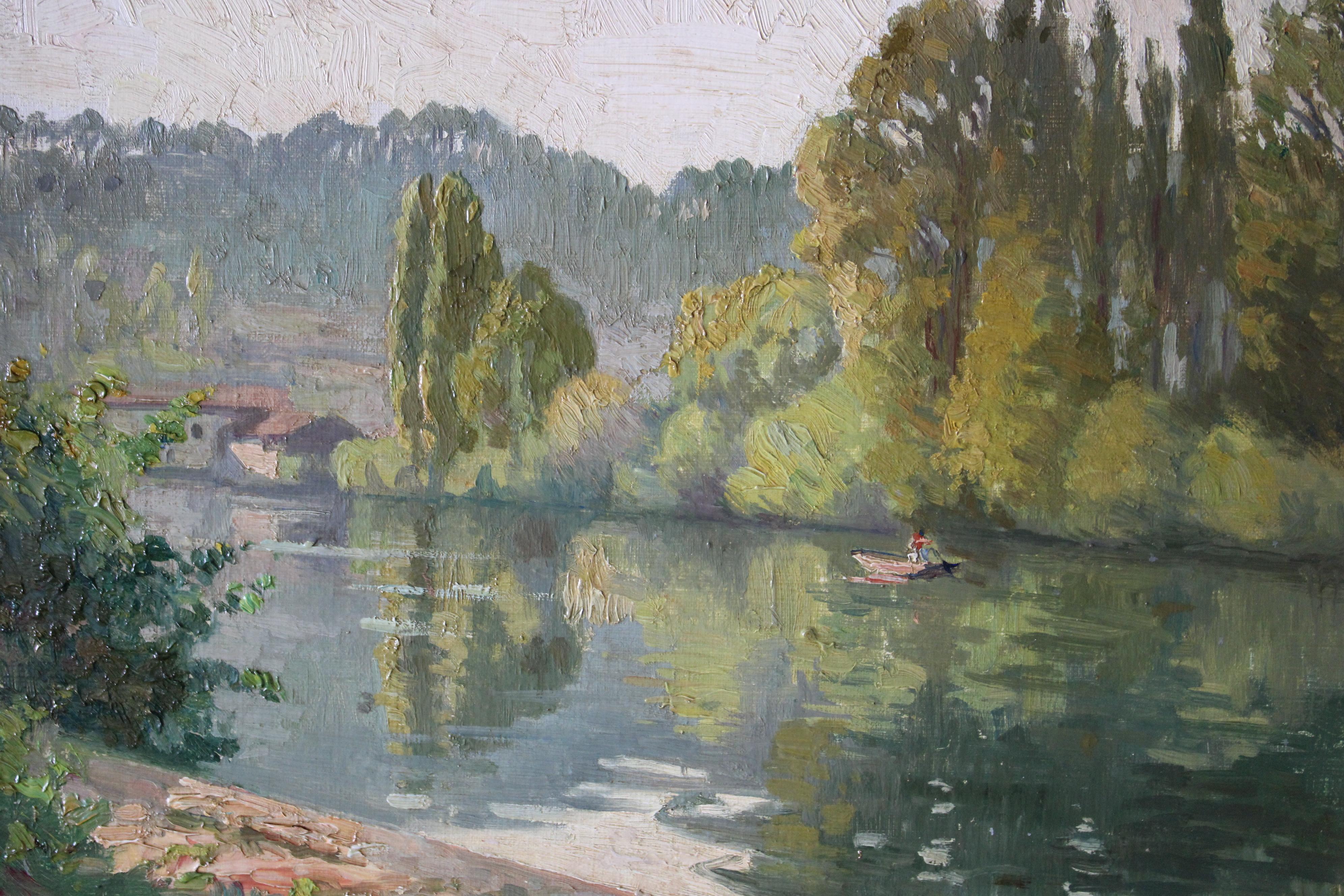 Antique landscape, riverscape oil painting by Pierre Louis Cazaubon For Sale 6