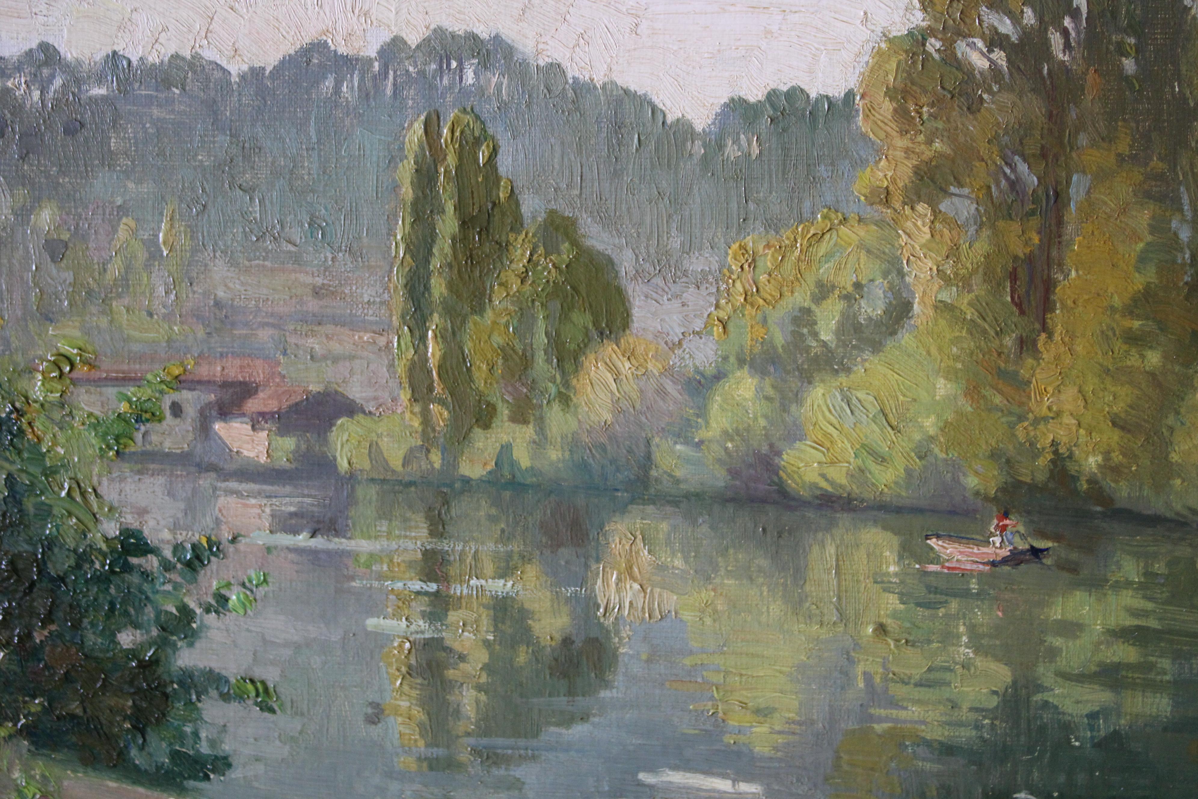 Antique landscape, riverscape oil painting by Pierre Louis Cazaubon For Sale 7
