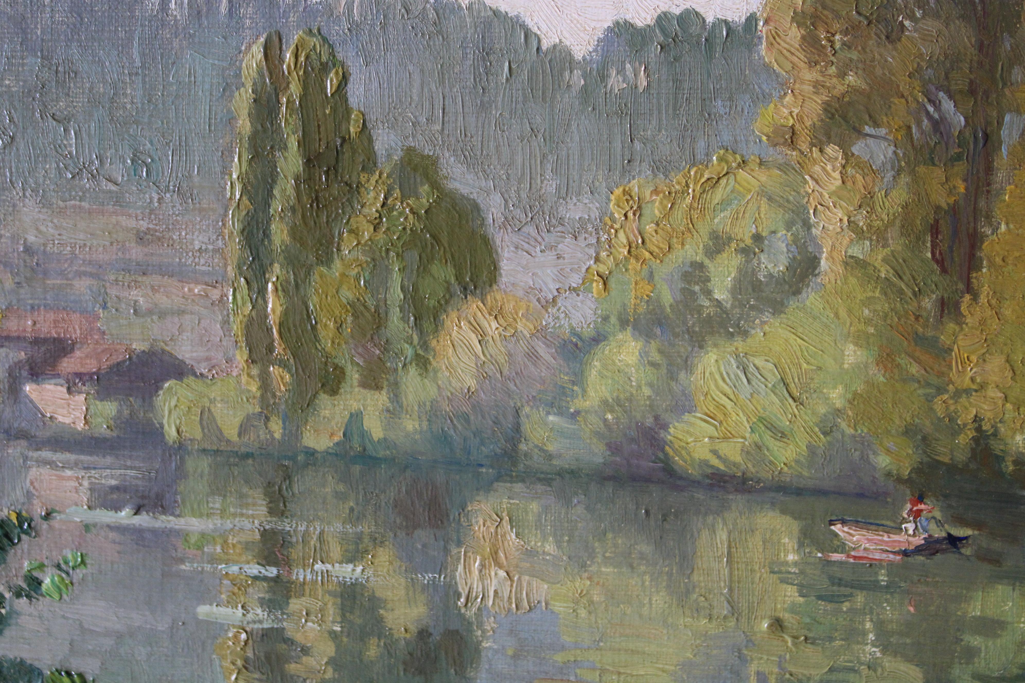 Antique landscape, riverscape oil painting by Pierre Louis Cazaubon For Sale 8