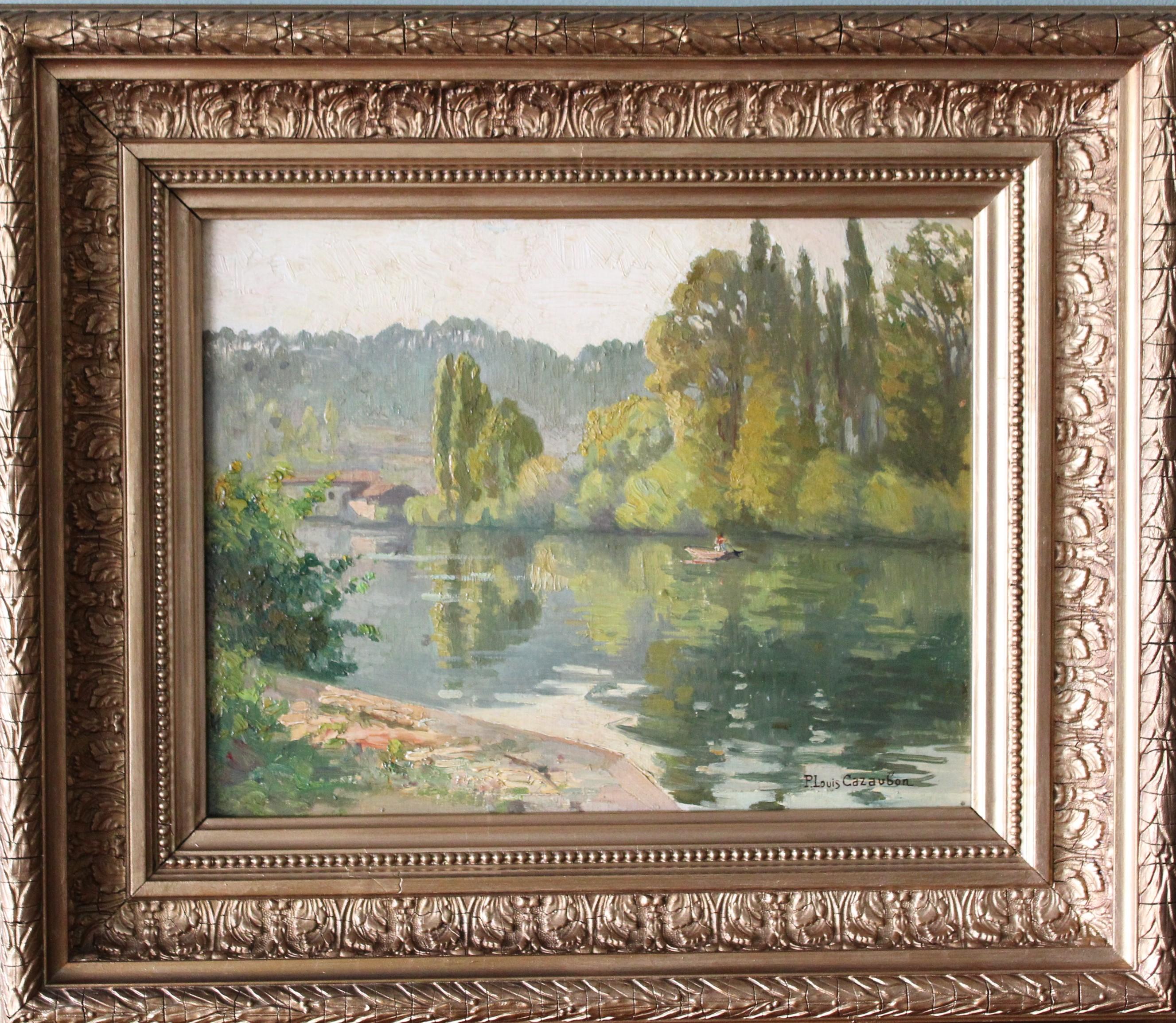 Antique French riverscape/landscape in a beautiful ornate frame by French artist, Pierre Louis Cazaubon, signed in the lower right corner.  This attractive post-impressionist oil on thick card  of a boat making its way down the Dordogne river at the