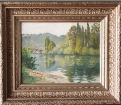 Vintage landscape, riverscape oil painting by Pierre Louis Cazaubon