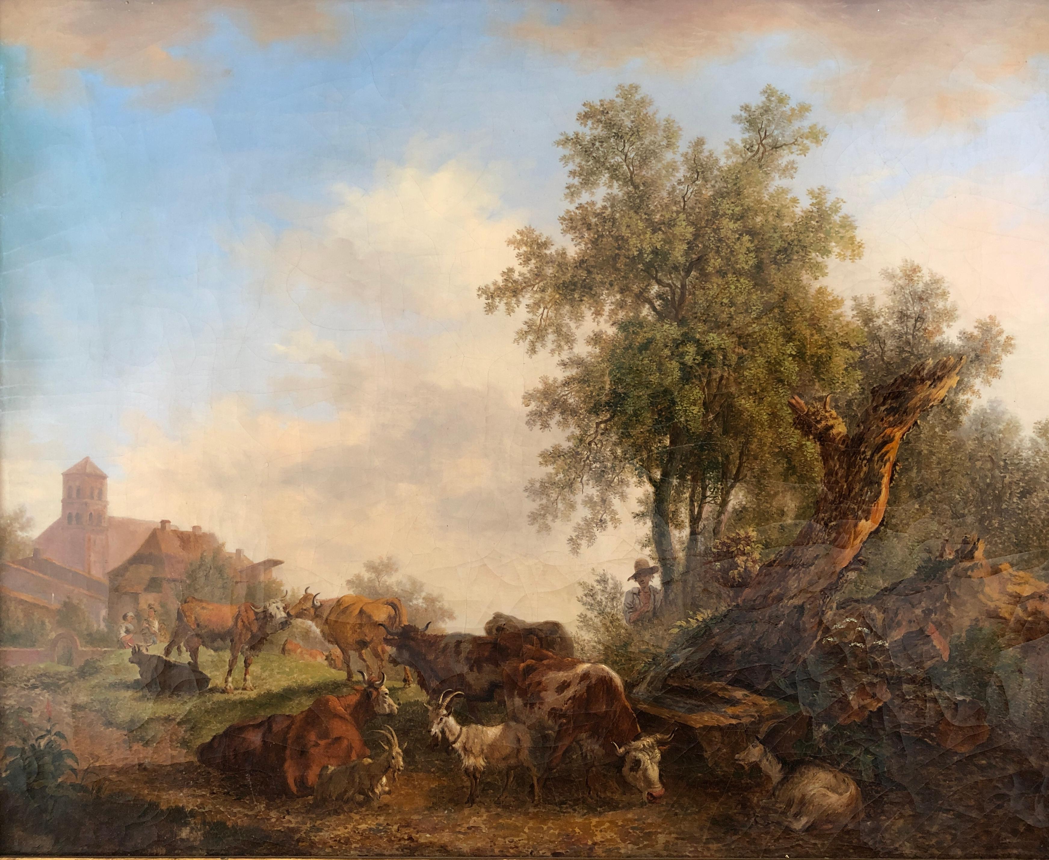 Pierre Louis De La Rive Landscape Painting - Rest of animals near a rustic fountain in the vicinity of a village