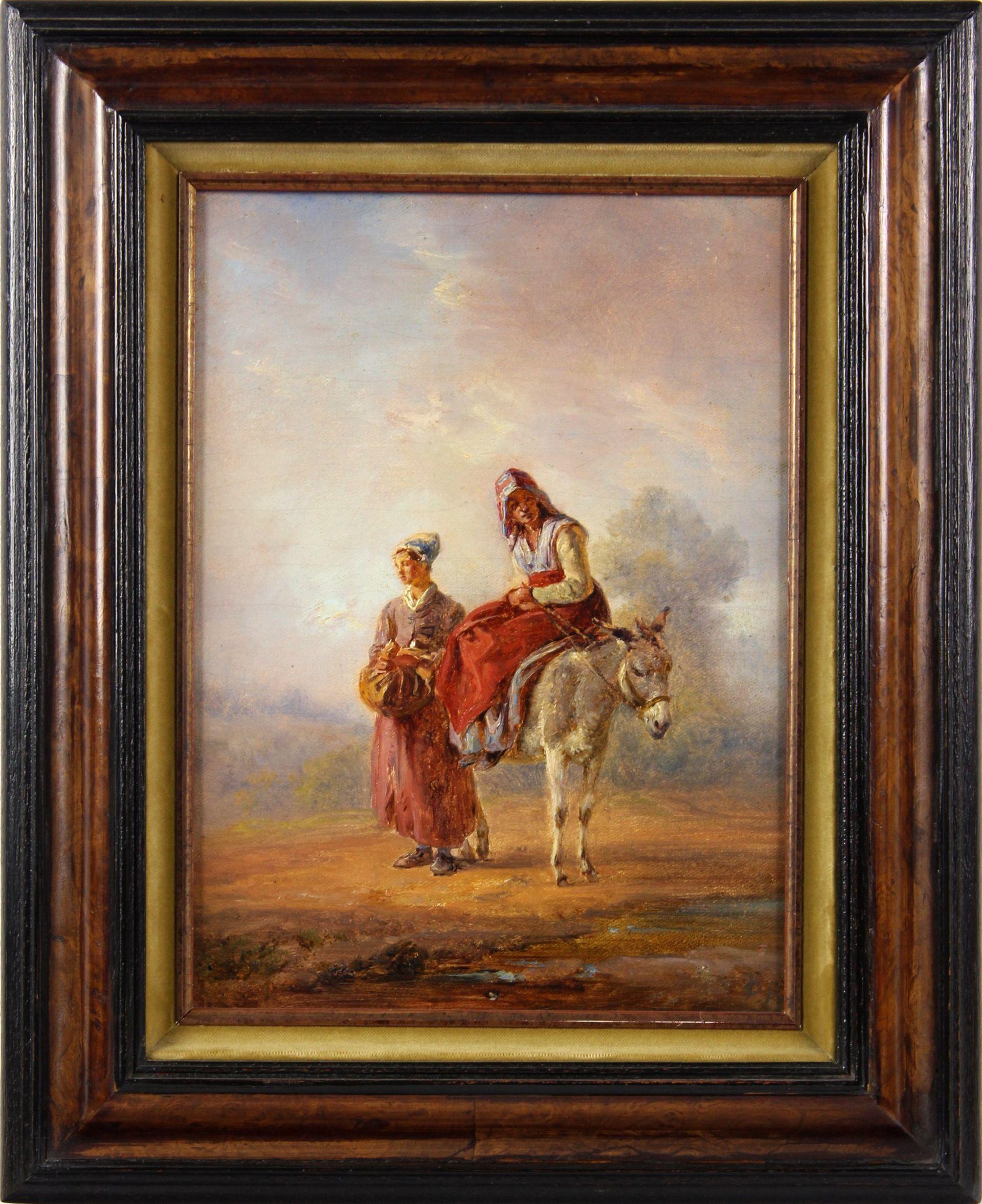 Zwei Landfrauen mit einem Esel - Melancholie in einer Farbatmosphäre - – Painting von Pierre Louis De La Rive