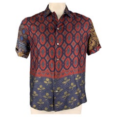 PIERRE-LOUIS MASCIA Size XL Navy & Burgundy Silk Camp Short Sleeve Shirt