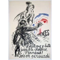 1936 Cartel Original Pirineos ¡Debo luchar hasta la victoria francés ser persuadido!