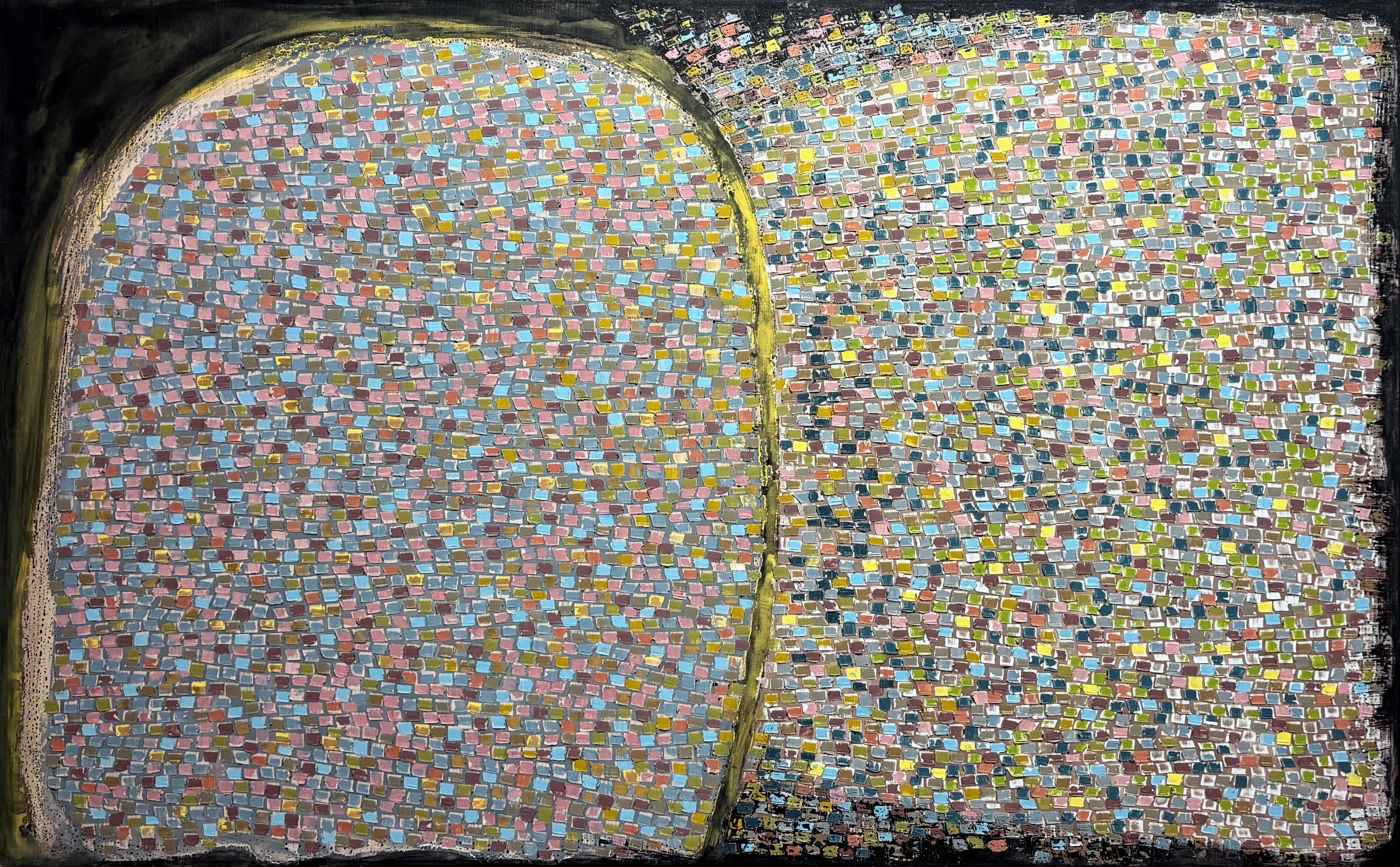 Composición de mosaico abstracto óptico, óleo sobre lienzo de Pierre Mantra, años 70