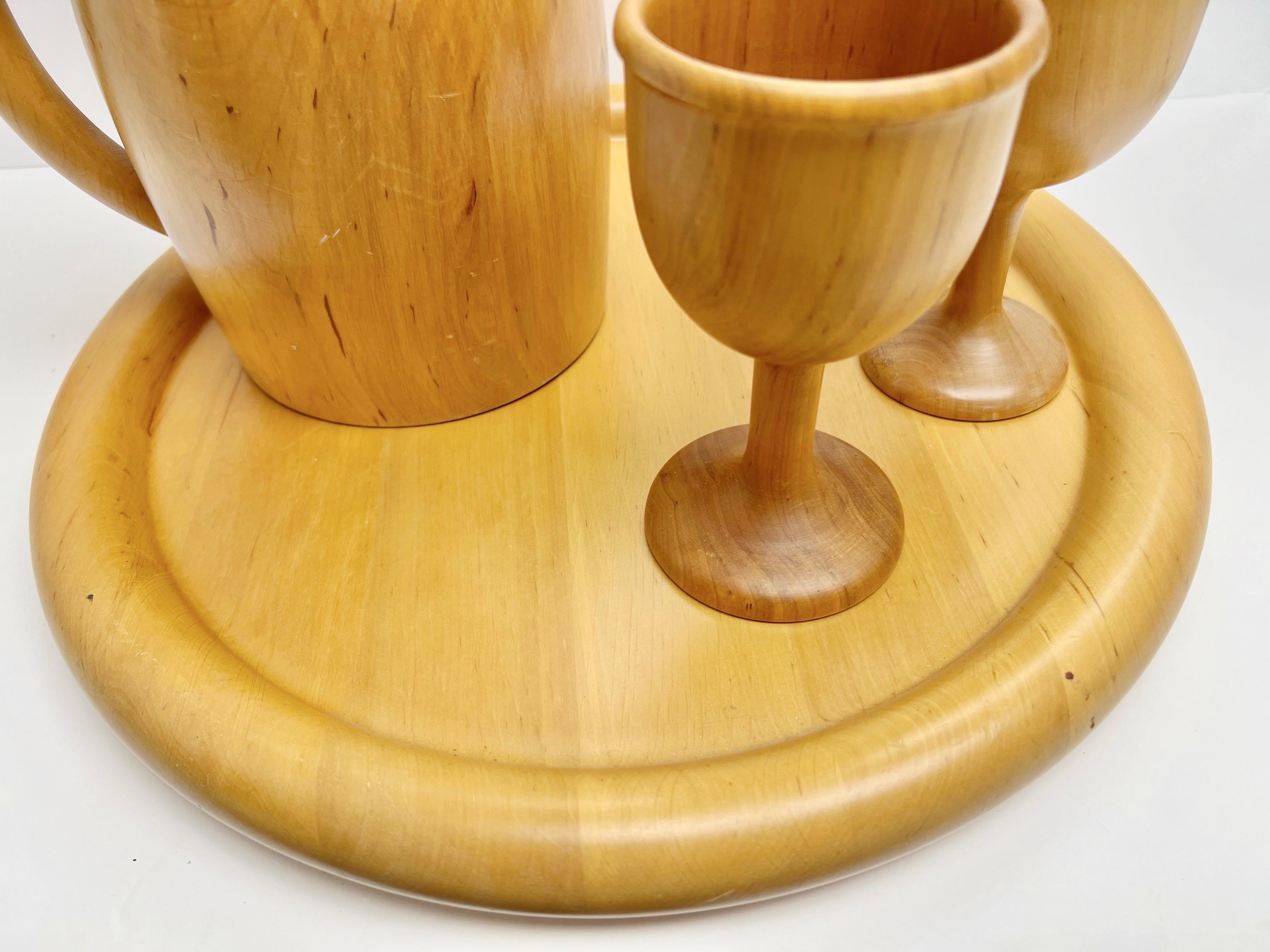 Italian Pierre Manzoni for Vetri Modern Carved Wood Jug Set with Tray 