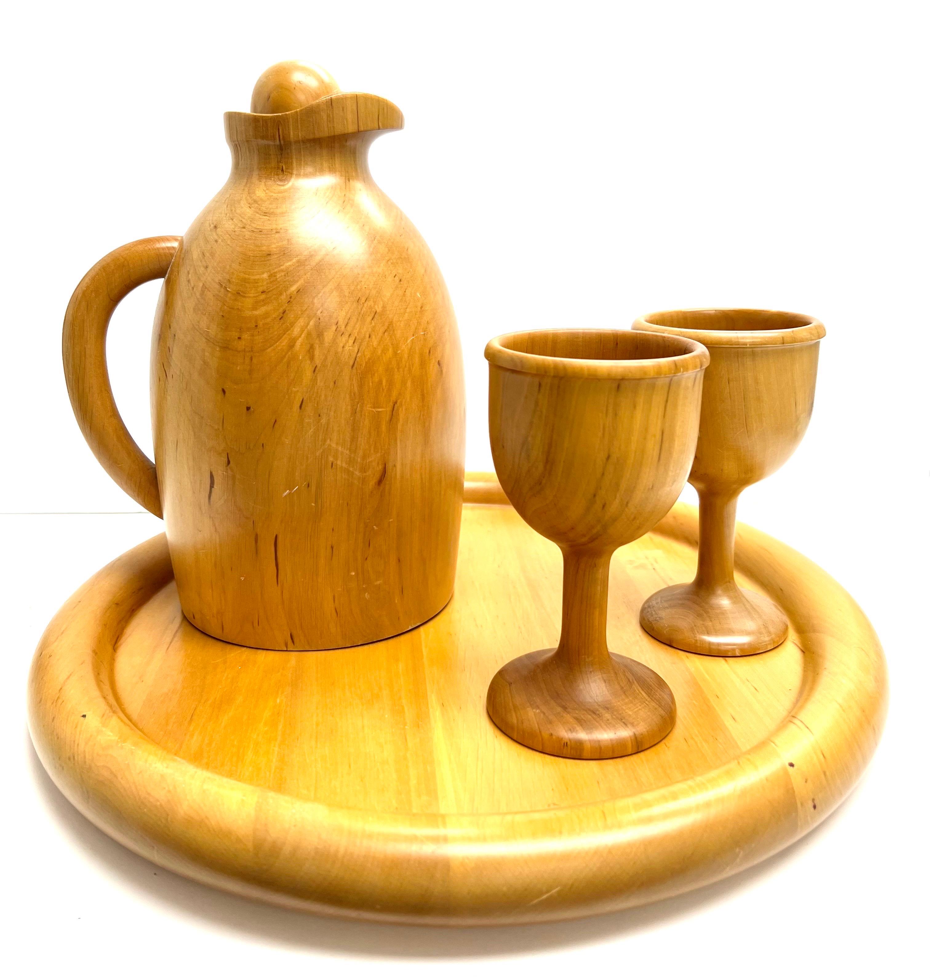 Pierre Manzoni for Vetri Modern Carved Wood Jug Set with Tray  3