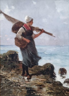 BEYLE French marine painter Normandy Fischerwoman on foot Naturalistic 1880 19th