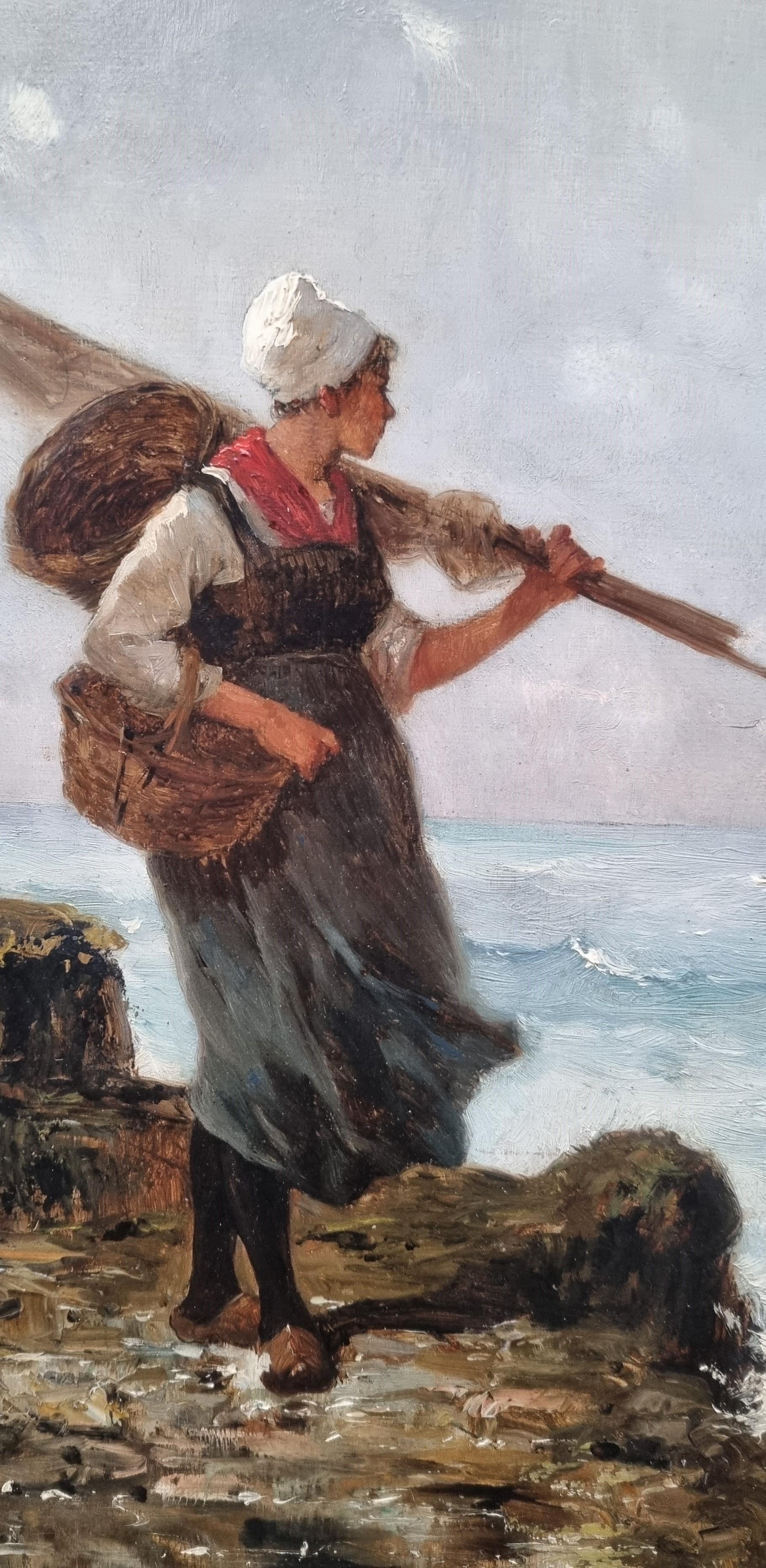 BEYLE French marine painter Normandy Fischerwoman on foot Naturalistic 1880 19th - Brown Figurative Painting by Pierre Marie BEYLE