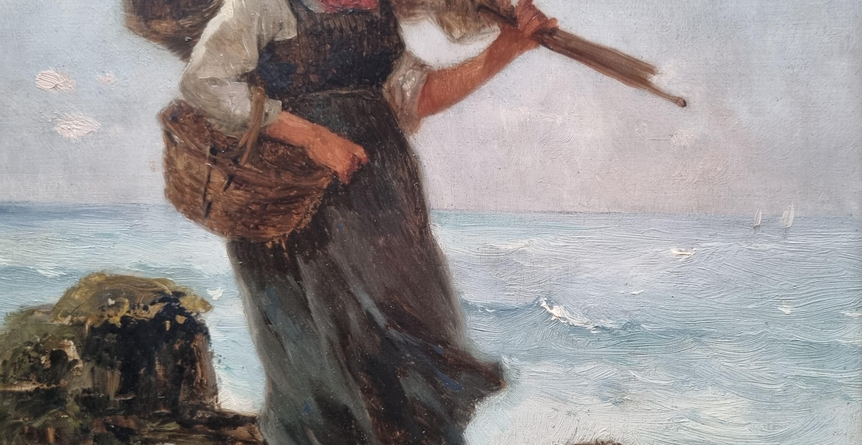 BEYLE French marine painter Normandy Fischerwoman on foot Naturalistic 1880 19th 1