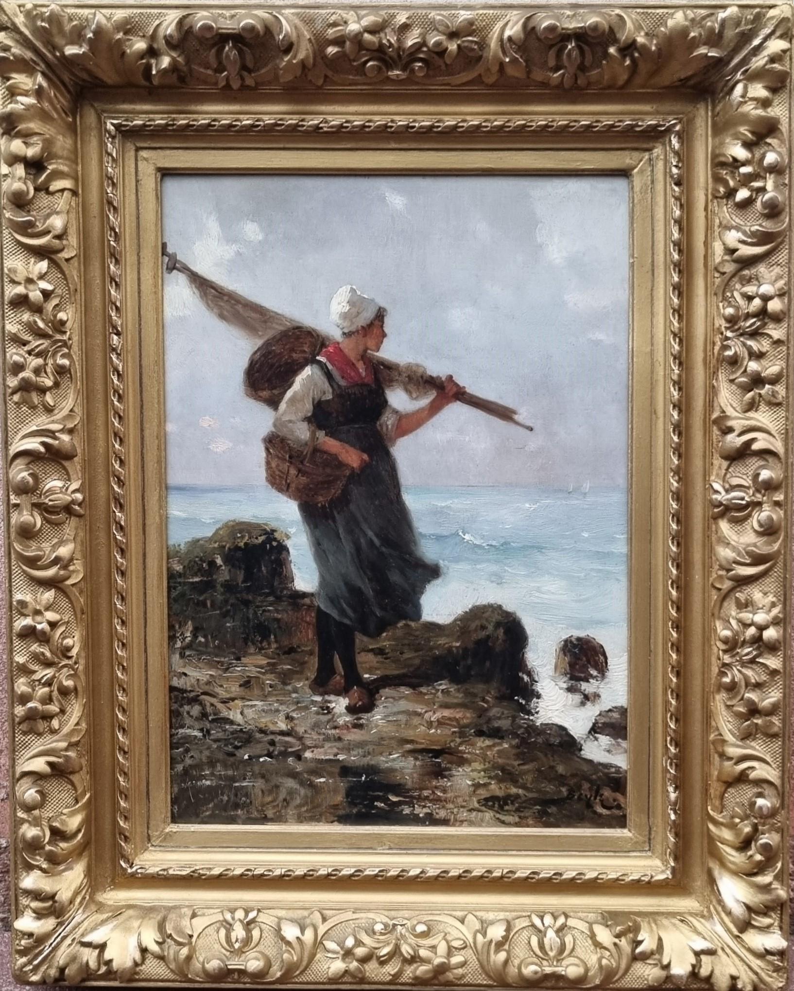 BEYLE French marine painter Normandy Fischerwoman on foot Naturalistic 1880 19th - Painting by Pierre Marie BEYLE