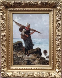 BEYLE French marine painter Normandy Fischerwoman on foot Naturalistic 1880 19th