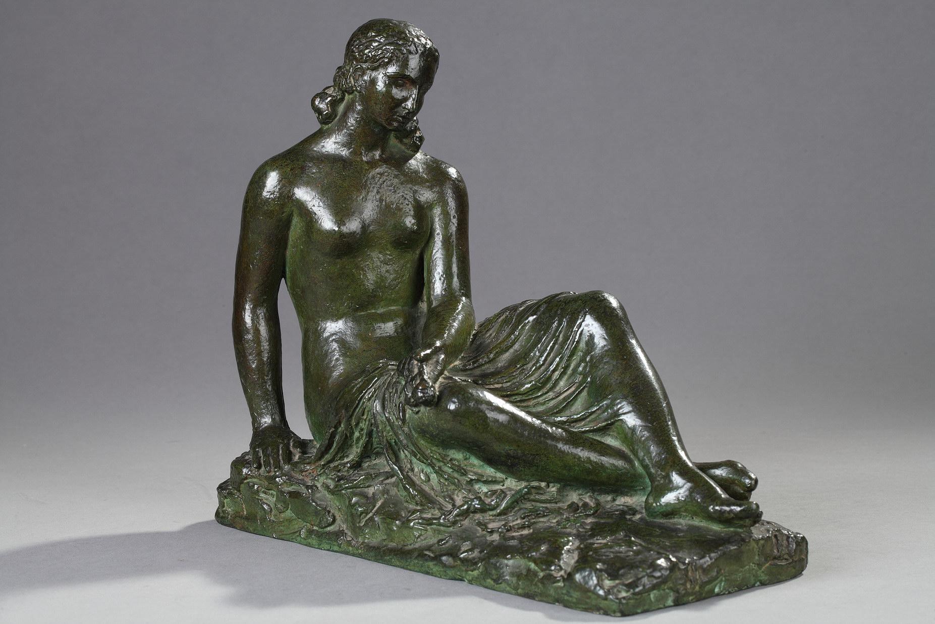 Young woman seated with drapery - Sculpture by Pierre-Marie Poisson