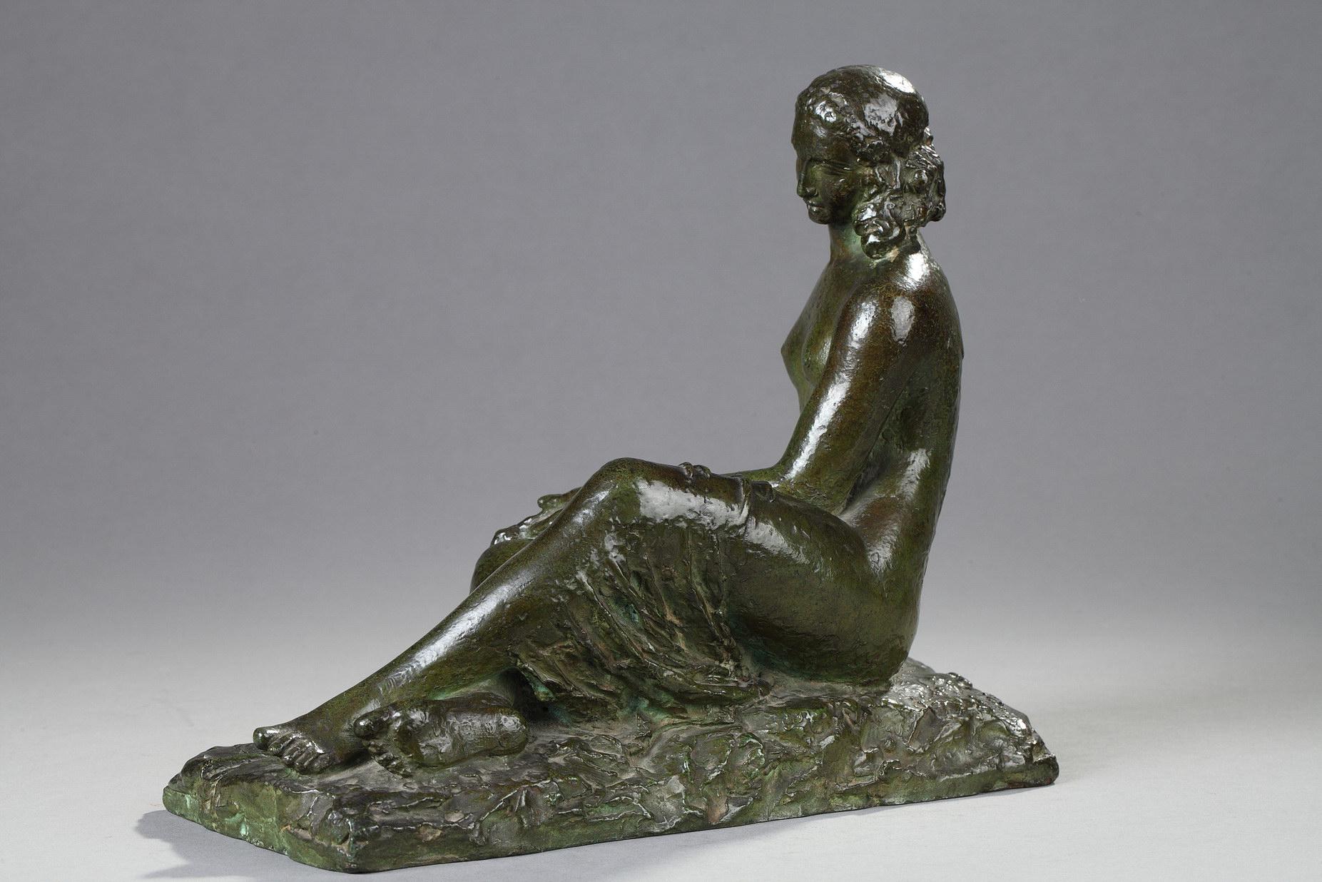 Young woman seated with drapery - French School Sculpture by Pierre-Marie Poisson