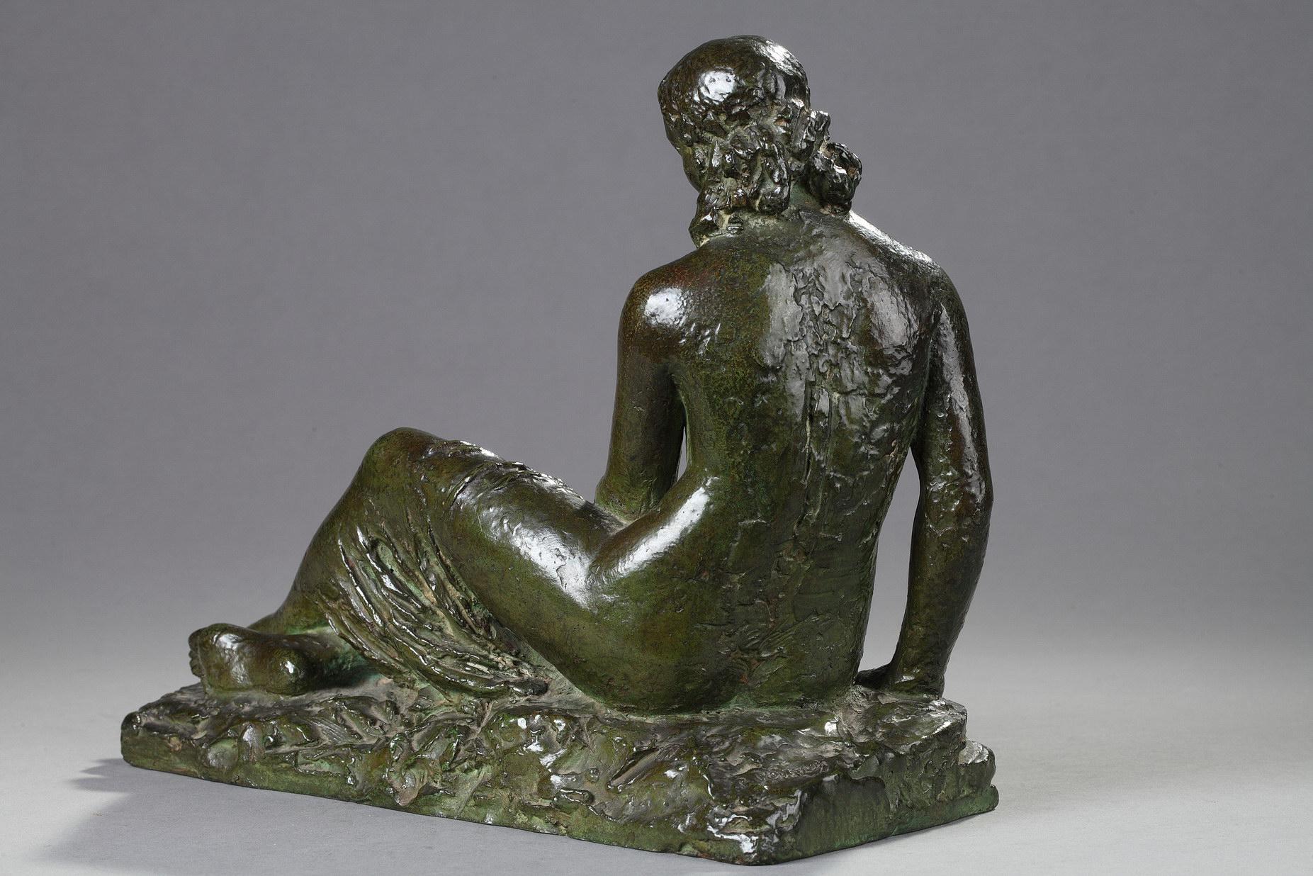 Young woman seated with drapery
by Pierre-Marie POISSON (1876-1953)
 
Bronze sculpture with nuanced green patina
signed on the base 