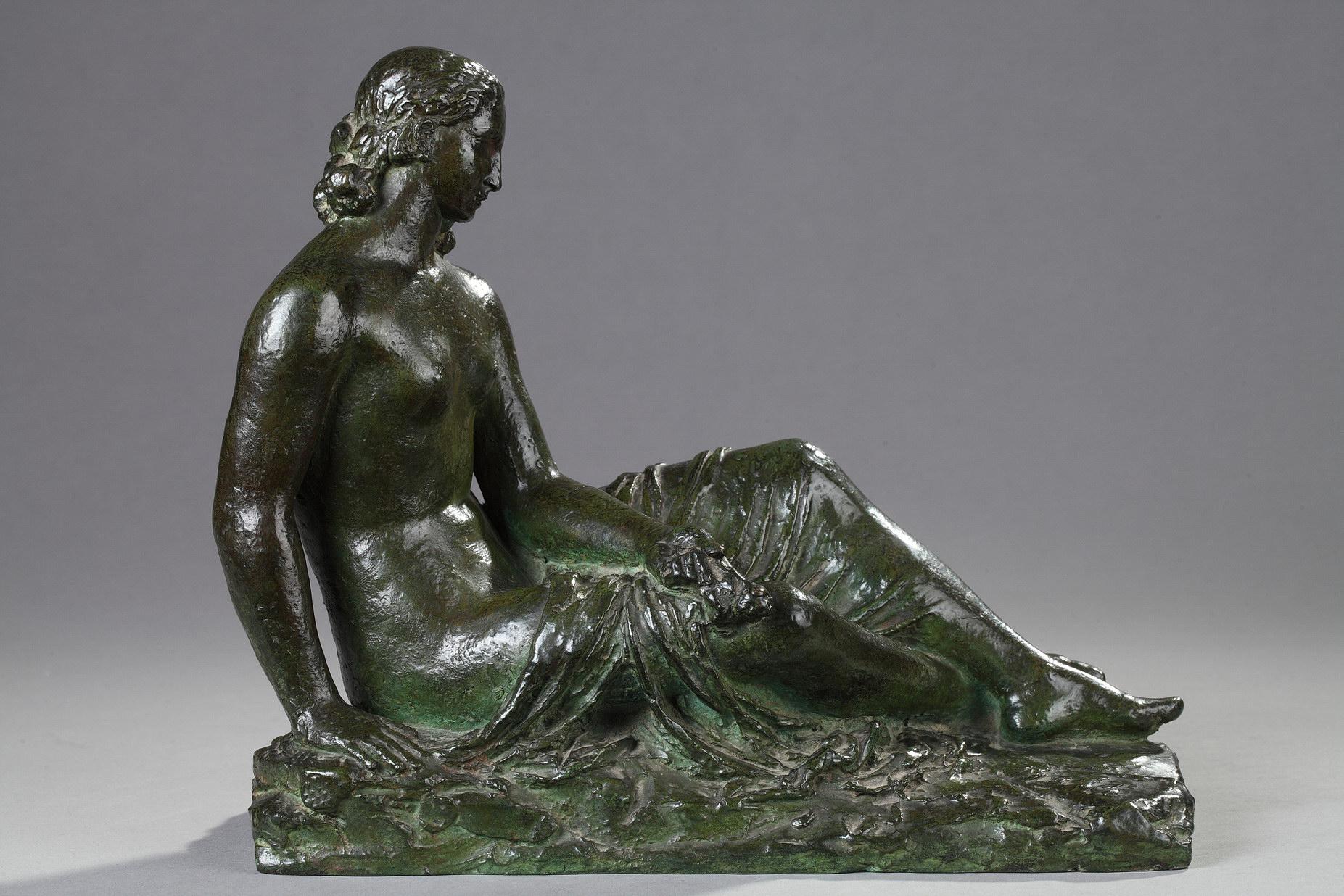 Pierre-Marie Poisson Figurative Sculpture - Young woman seated with drapery