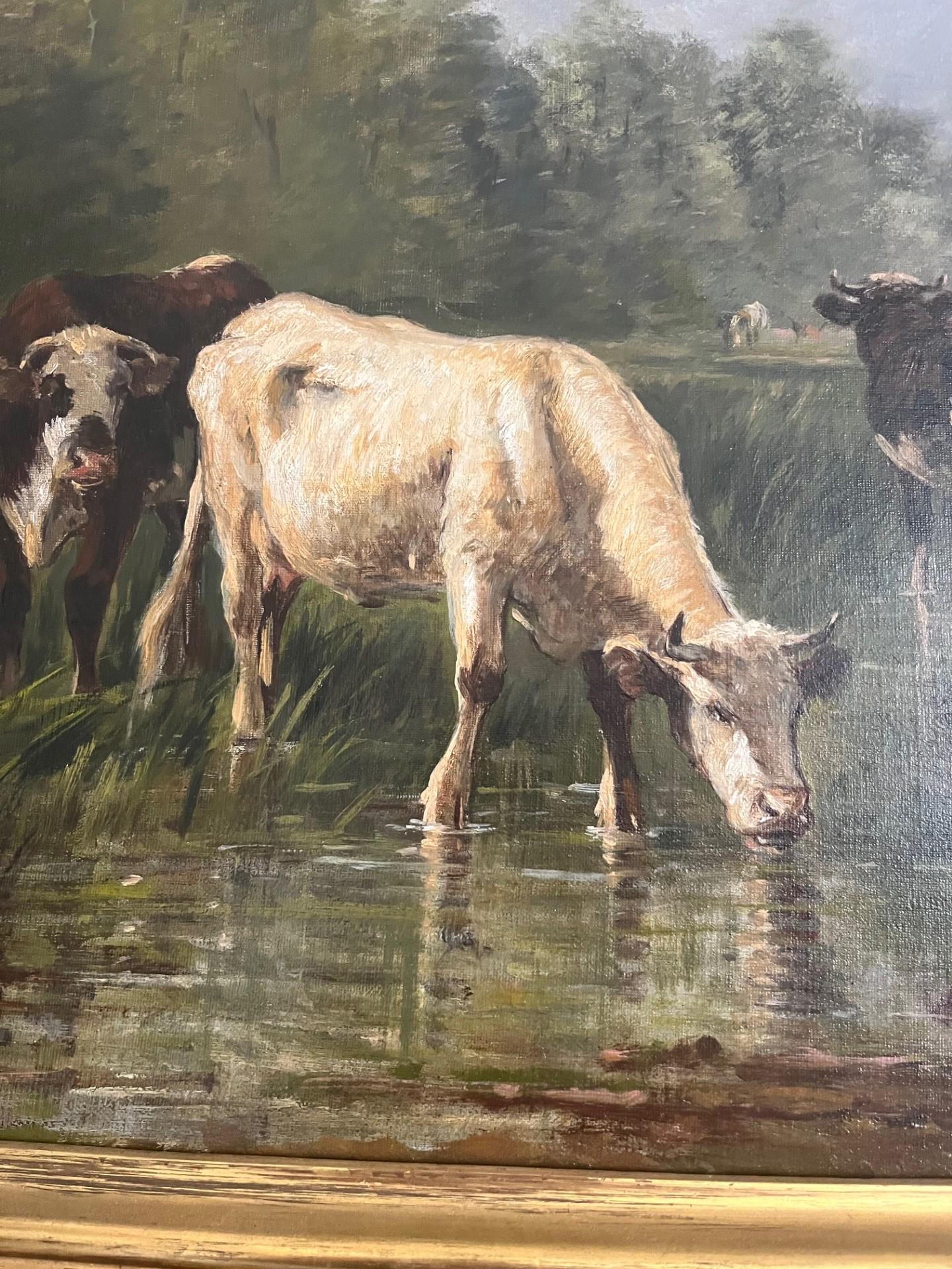 A rather wonderful Barbizon School Large Oil Painting by Pablo Martinez.
Victorian oil on canvas mounted on stretchers showing Hereford Cow and 2 others with sheep in background.  Beautiful and tranquil landscape housed in its original restored gilt
