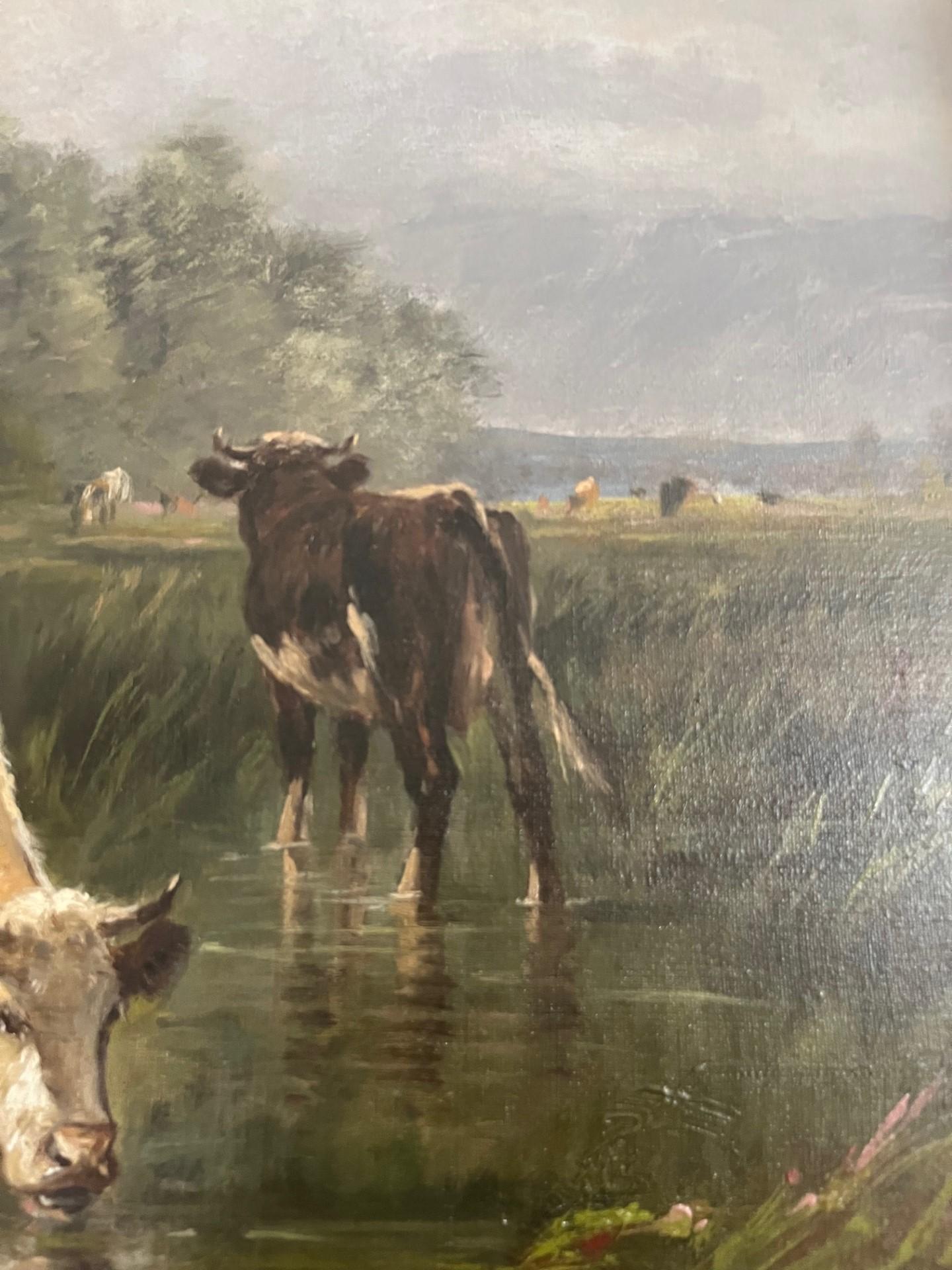 Victorian Barbazon School Landscape Animal Oil Painting Cattle watering in Field For Sale 1