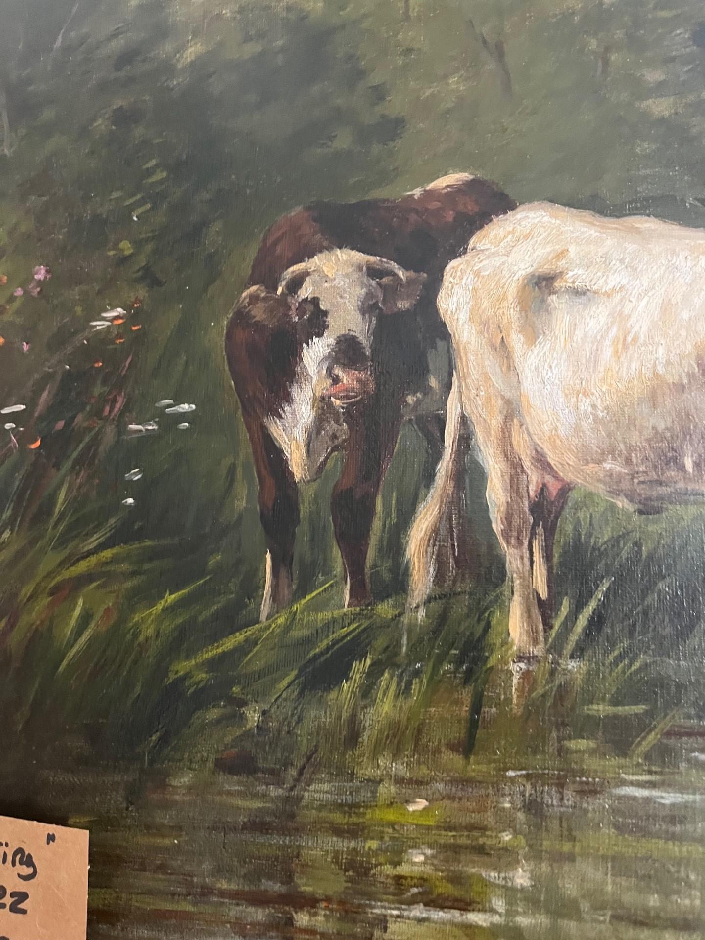 Cows watering in a Field Victorian large Landscape Oil  in original frame For Sale 2