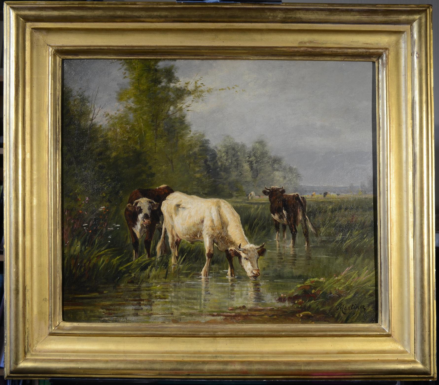 Cows watering in a Field Victorian large Landscape Oil  in original frame For Sale 3