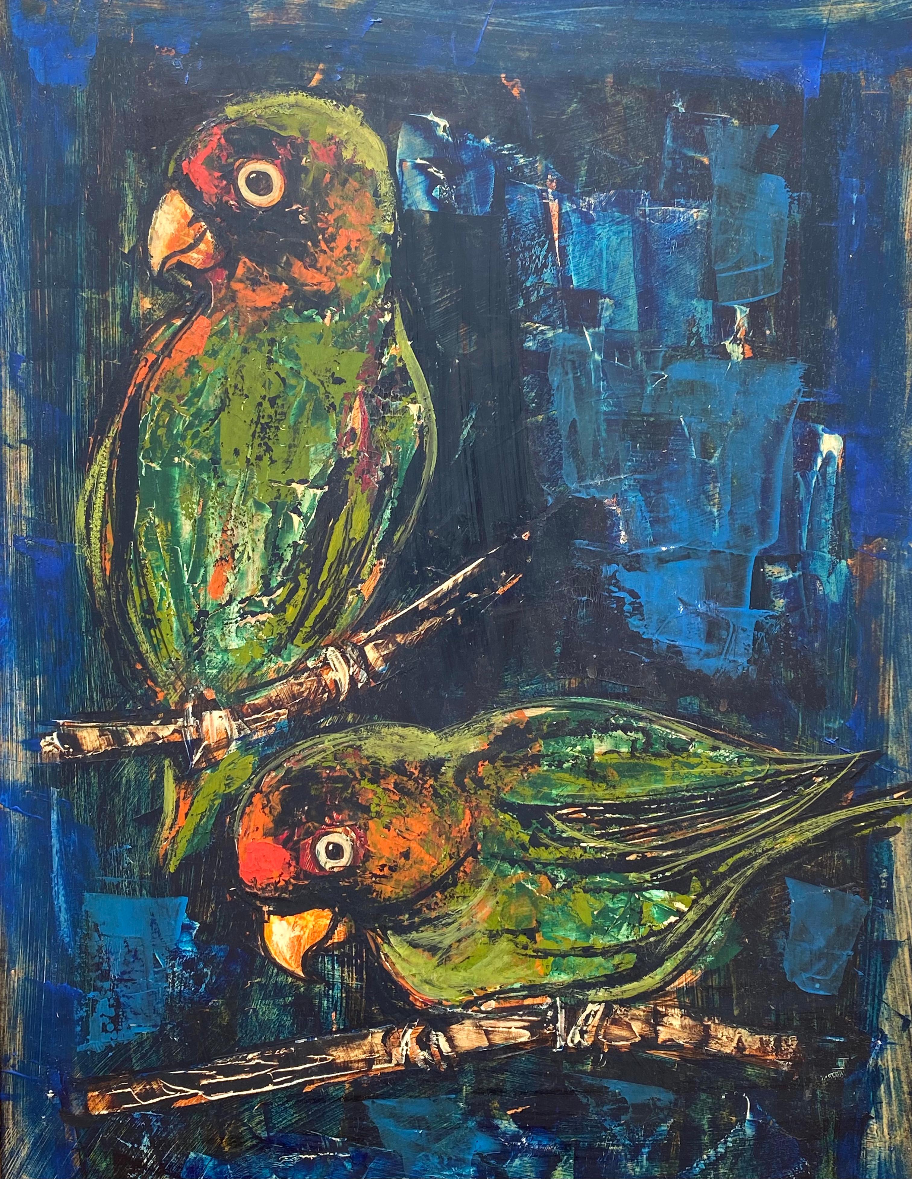 Original Ölgemälde auf schwerem Karton mit einem Papageienpaar im postmodernen Stil des französischen Künstlers Pierre Mas. Signiert unten links und datiert 1963.  Der Zustand ist sehr gut. Leichte Wölbung des Kunstwerks und Tonung auf der