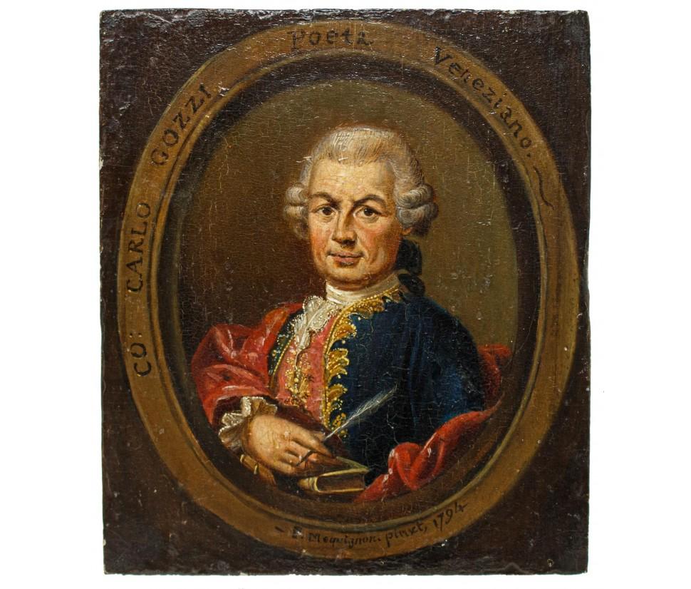Peter Mequignon (1768-1826), 1794

Porträt von Carlo Gozzi

Öl auf Platte, 15 cm  x13

Sockel 27 x 18 cm

Datiert und signiert 'P. Mequignon 1794"

Der dargestellte Protagonist, der durch die Inschrift als Carlo Gozzi, venezianischer Dichter,
