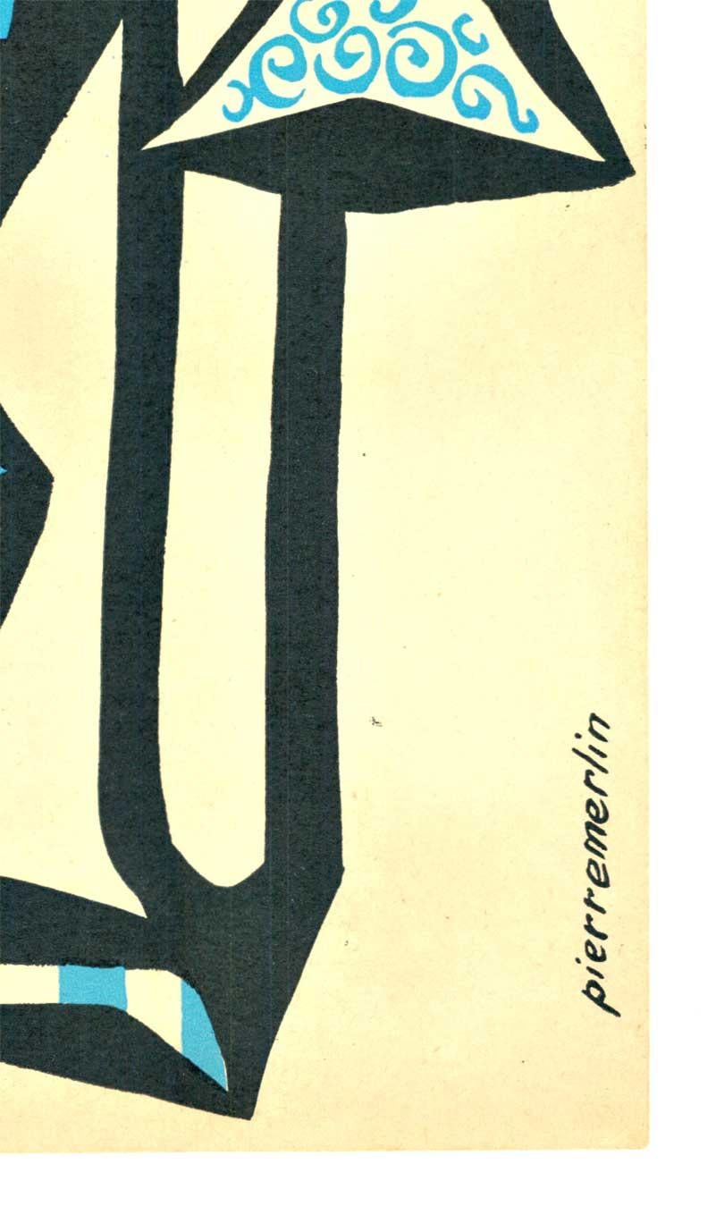 Original Pierre Dieuzey et ses Capetiens, Jazz New Orleans vintage poster.   Künstler:  Pierre Merlin.   Lithografie, archiviertes Musikplakat mit Leinenrücken, rahmenfertig.  Seltenes authentisches Original-Jazzplakat.  Sehr guter