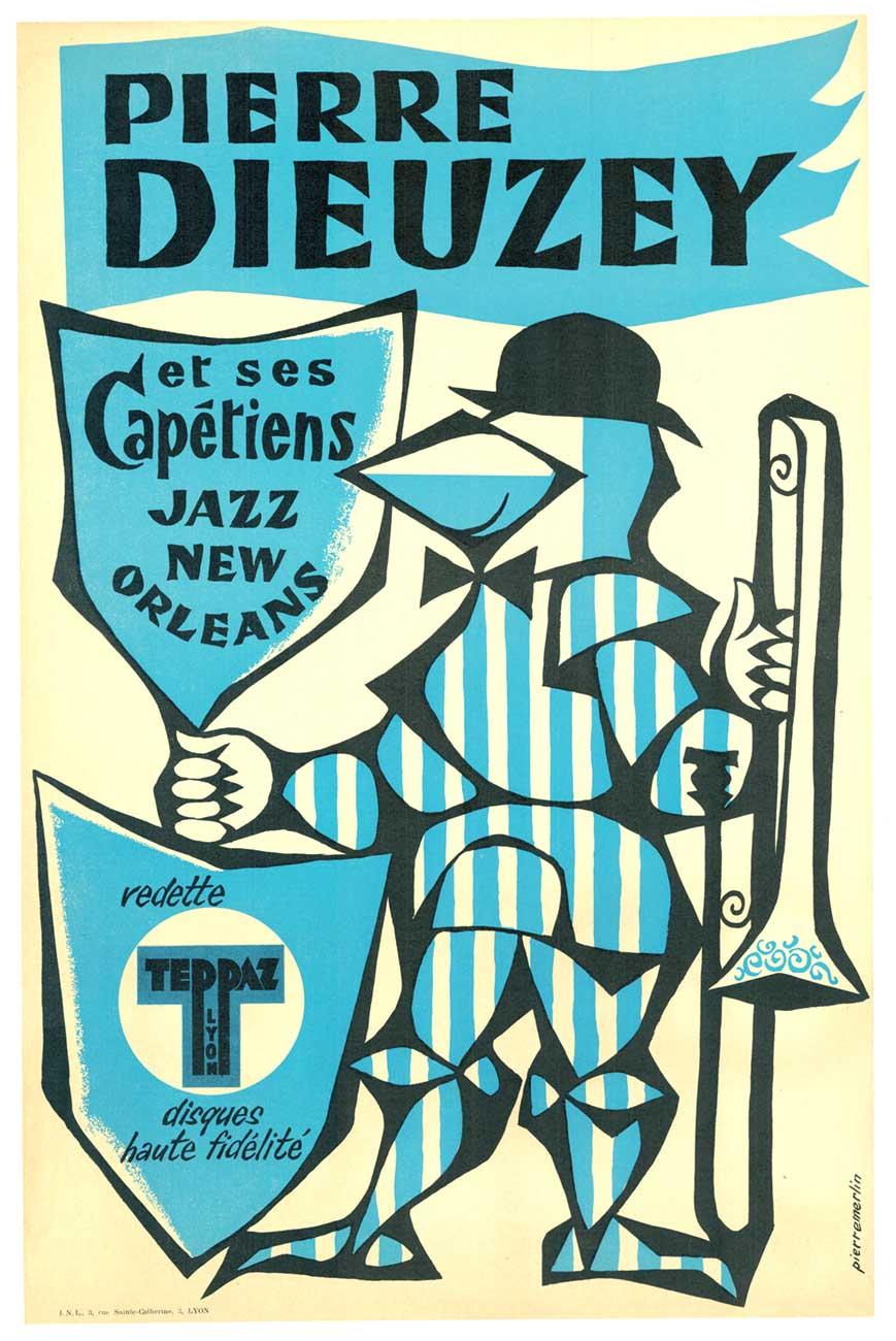 Cartel de época original de Pierre Dieuzey y sus seis Capitanes del Jazz de Nueva Orleans