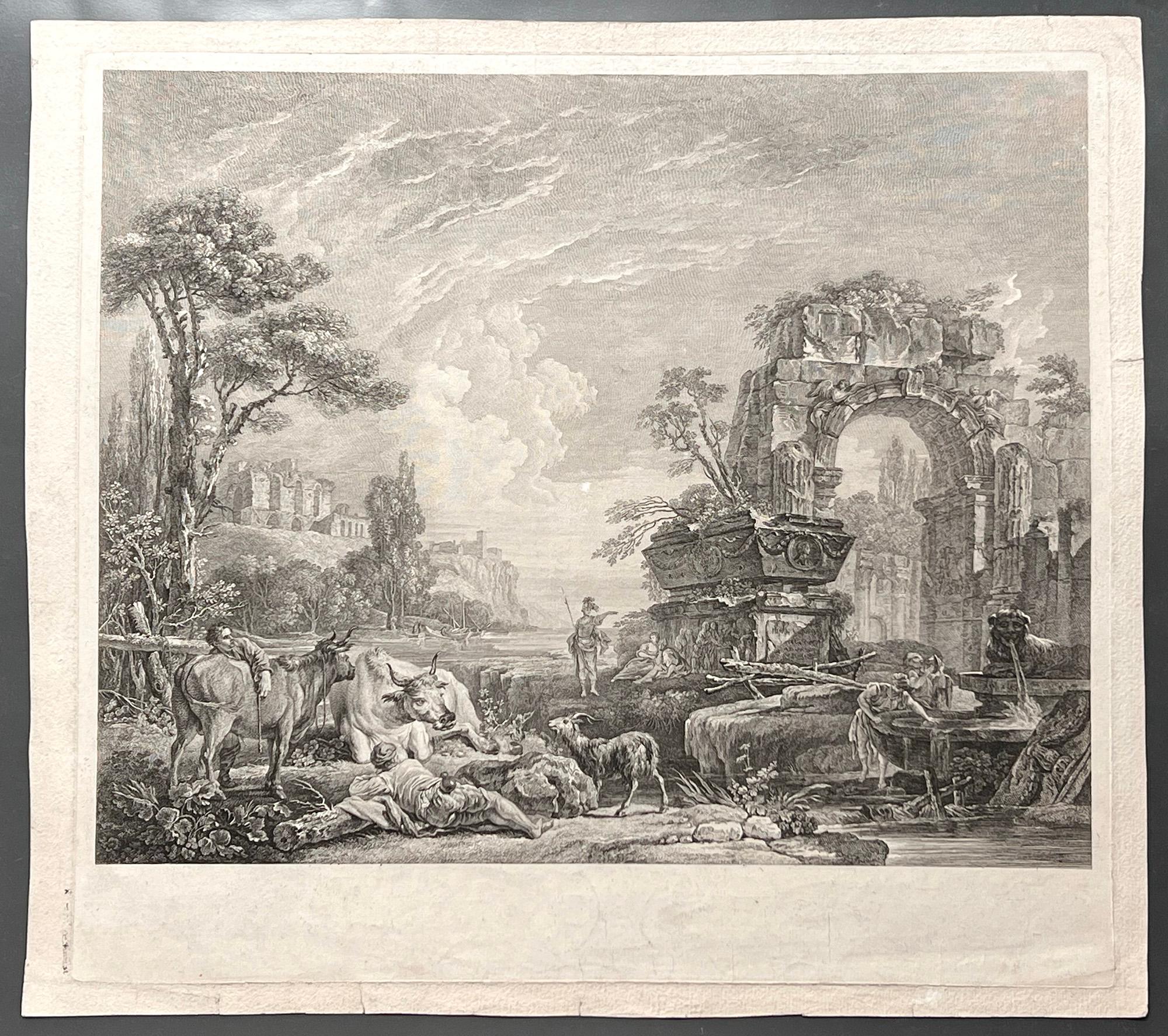 Les Bergers Romains, paesaggio con rovine romane, incisione del XVIII secolo - Print di Pierre Mettay
