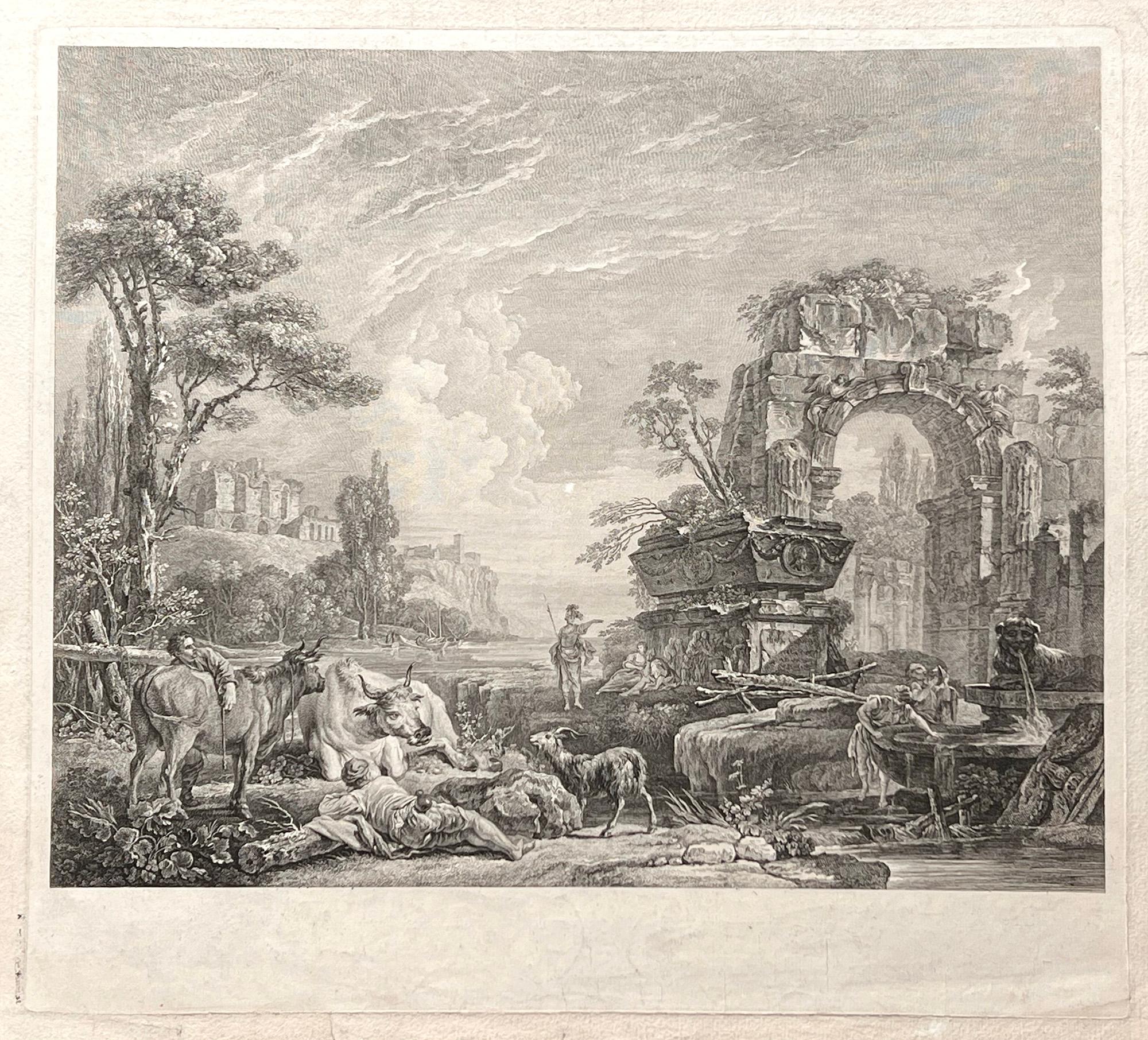 Les Bergers Romains, paisaje con ruinas romanas, grabado del siglo XVIII