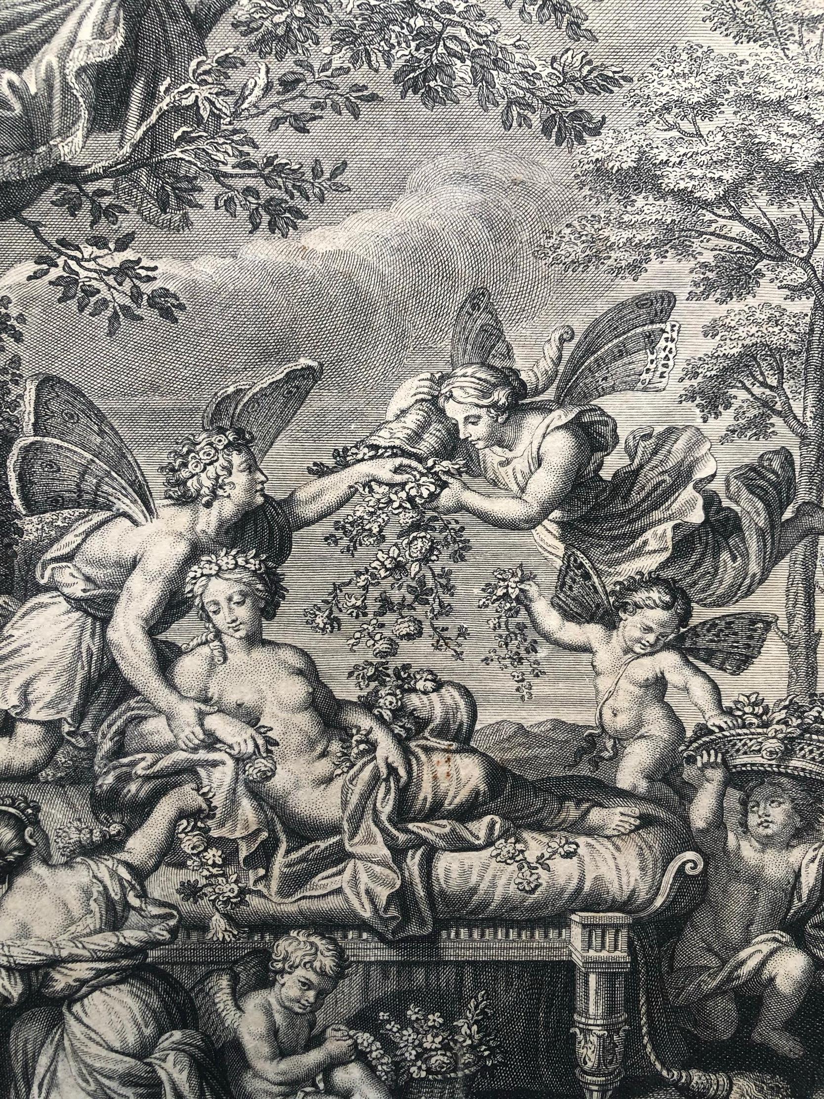 Pair of magnificent engraving by Jean Baptiste de Poilly after the royal works of Pierre Mignard for the Duke of Orleans in 1677. These allegorical representations of the seasons could be seen in the Gallery of Apollo at the Château de Saint Cloud