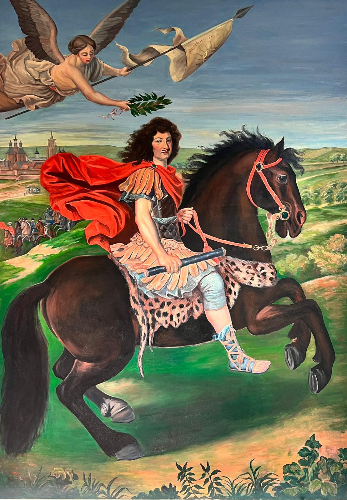 Animal Painting Pierre Mignard - Énorme peinture à l'huile du roi Louis XIV de France à cheval