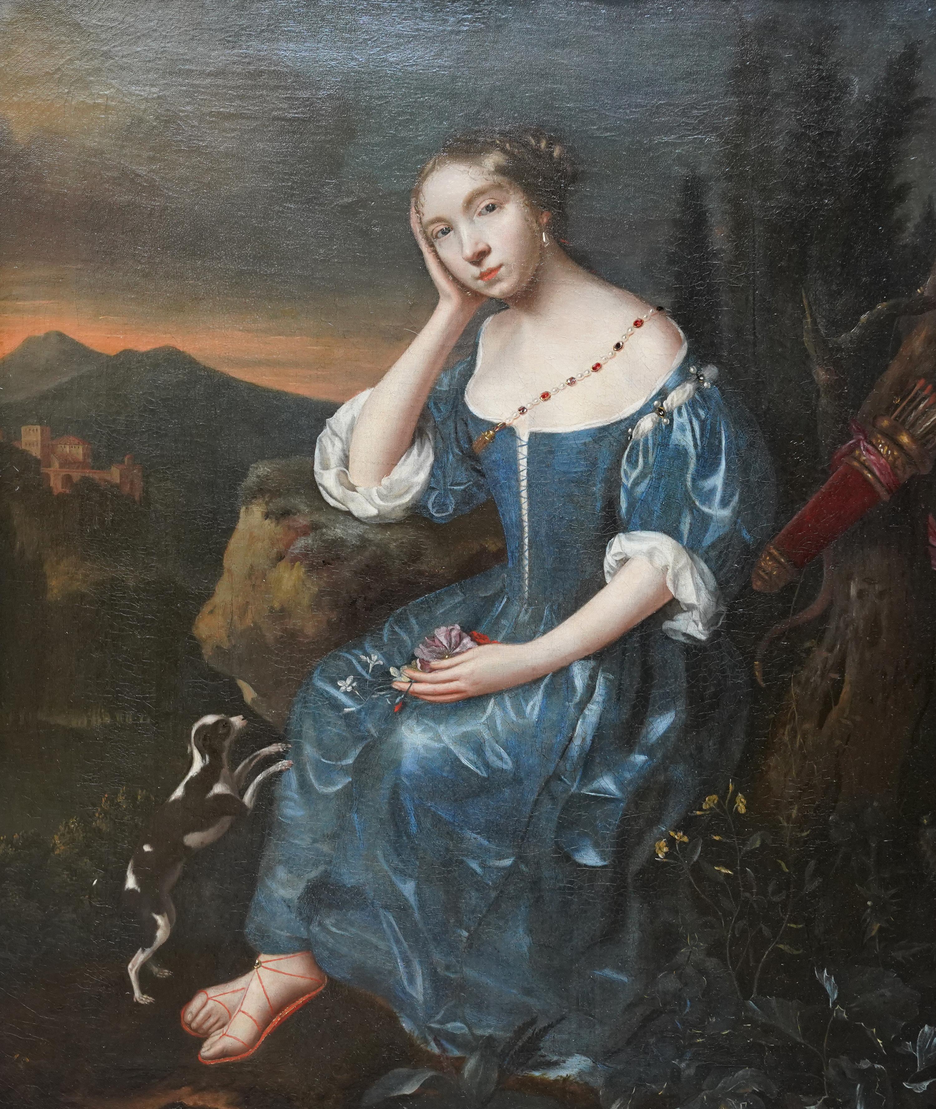 Portrait d'une jeune femme en Diane dans un paysage - Peinture à l'huile French Old Master en vente 11