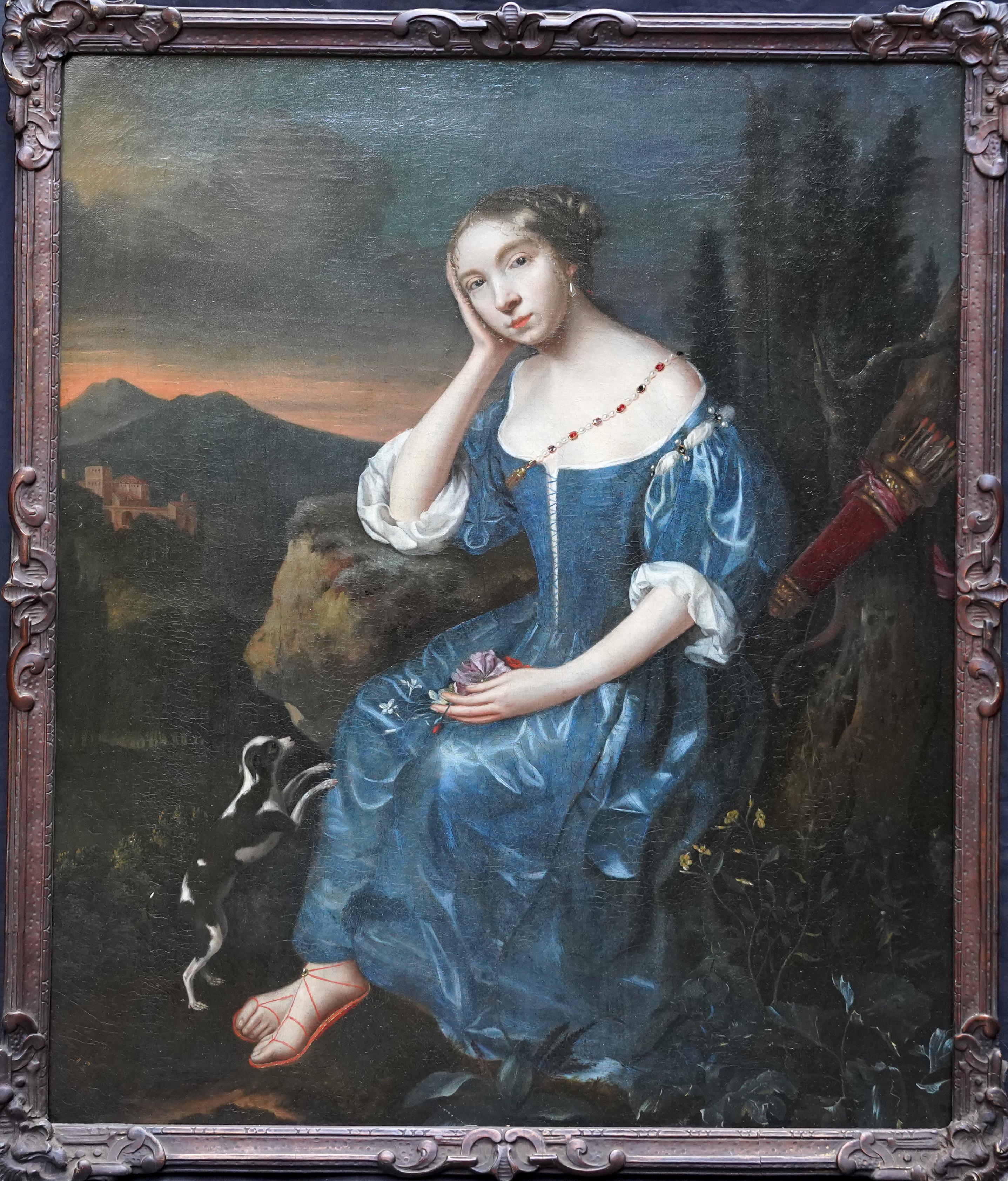 Portrait d'une jeune femme en Diane dans un paysage - Peinture à l'huile French Old Master en vente 12
