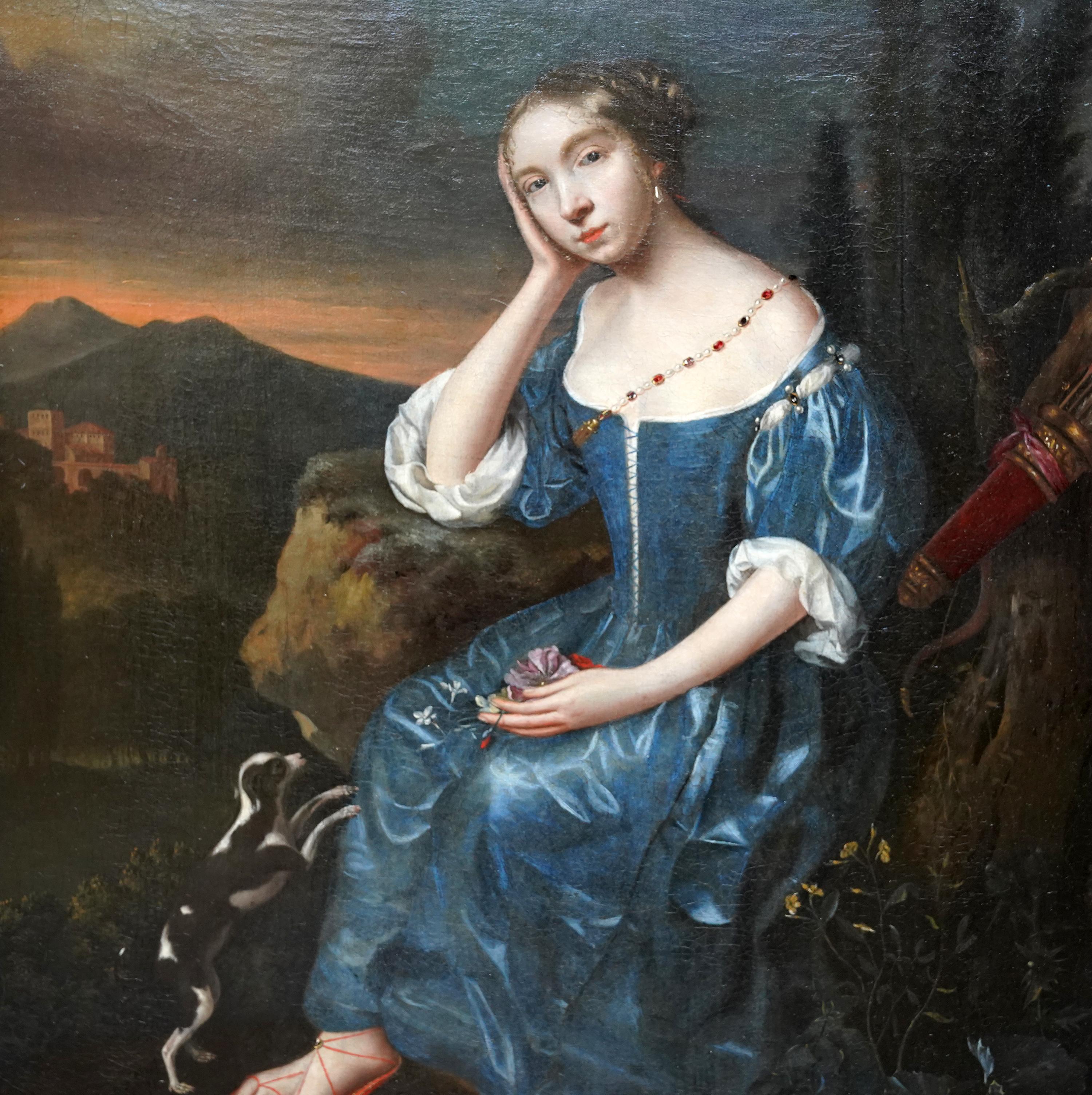 Portrait d'une jeune femme en Diane dans un paysage - Peinture à l'huile French Old Master - Maîtres anciens Painting par Pierre Mignard