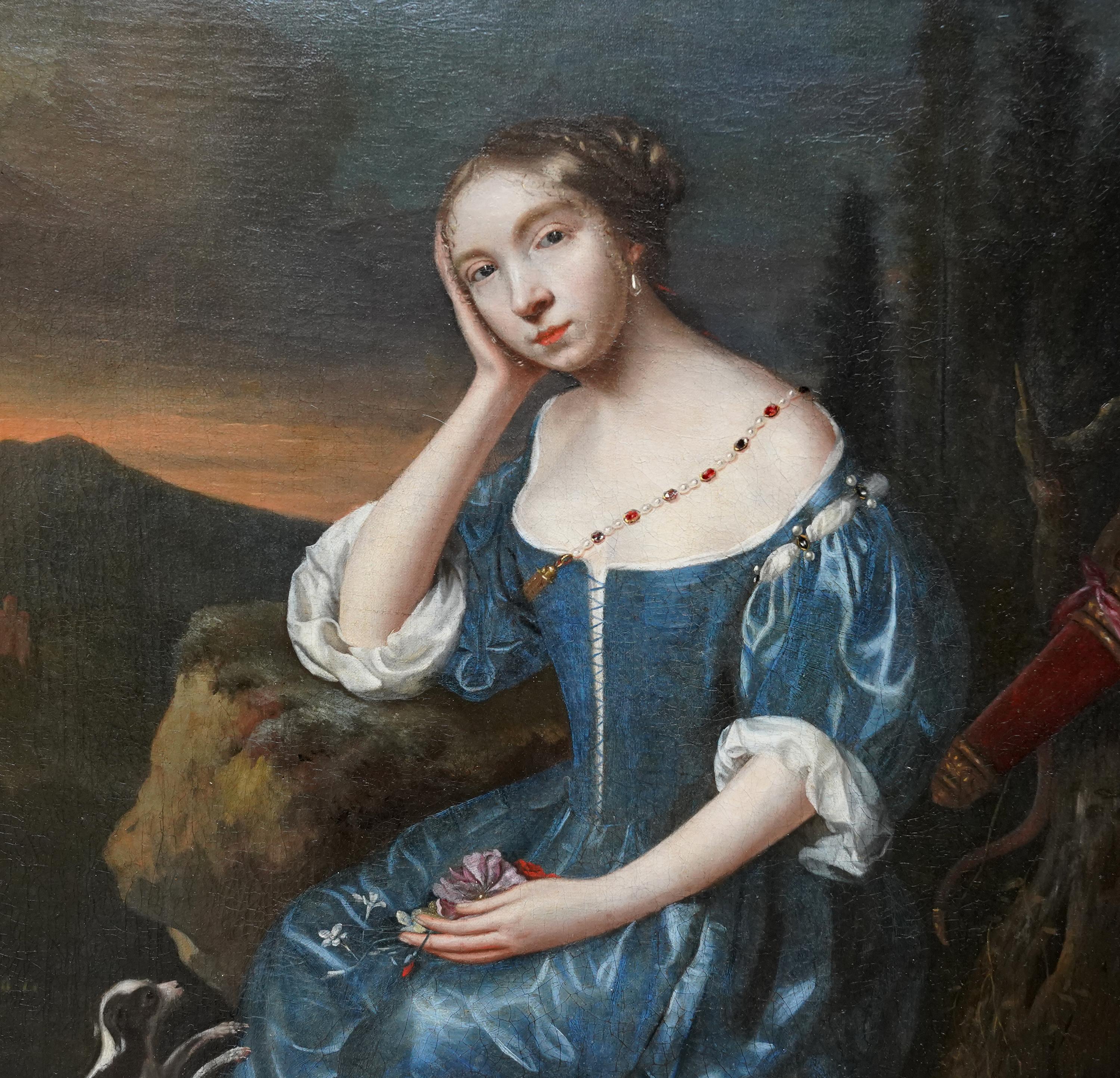 Portrait d'une jeune femme en Diane dans un paysage - Peinture à l'huile French Old Master - Noir Portrait Painting par Pierre Mignard