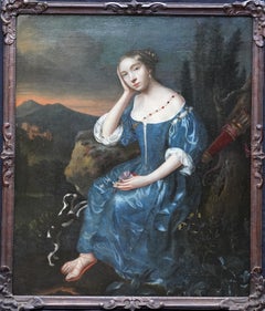 Portrait d'une jeune femme en Diane dans un paysage - Peinture à l'huile French Old Master