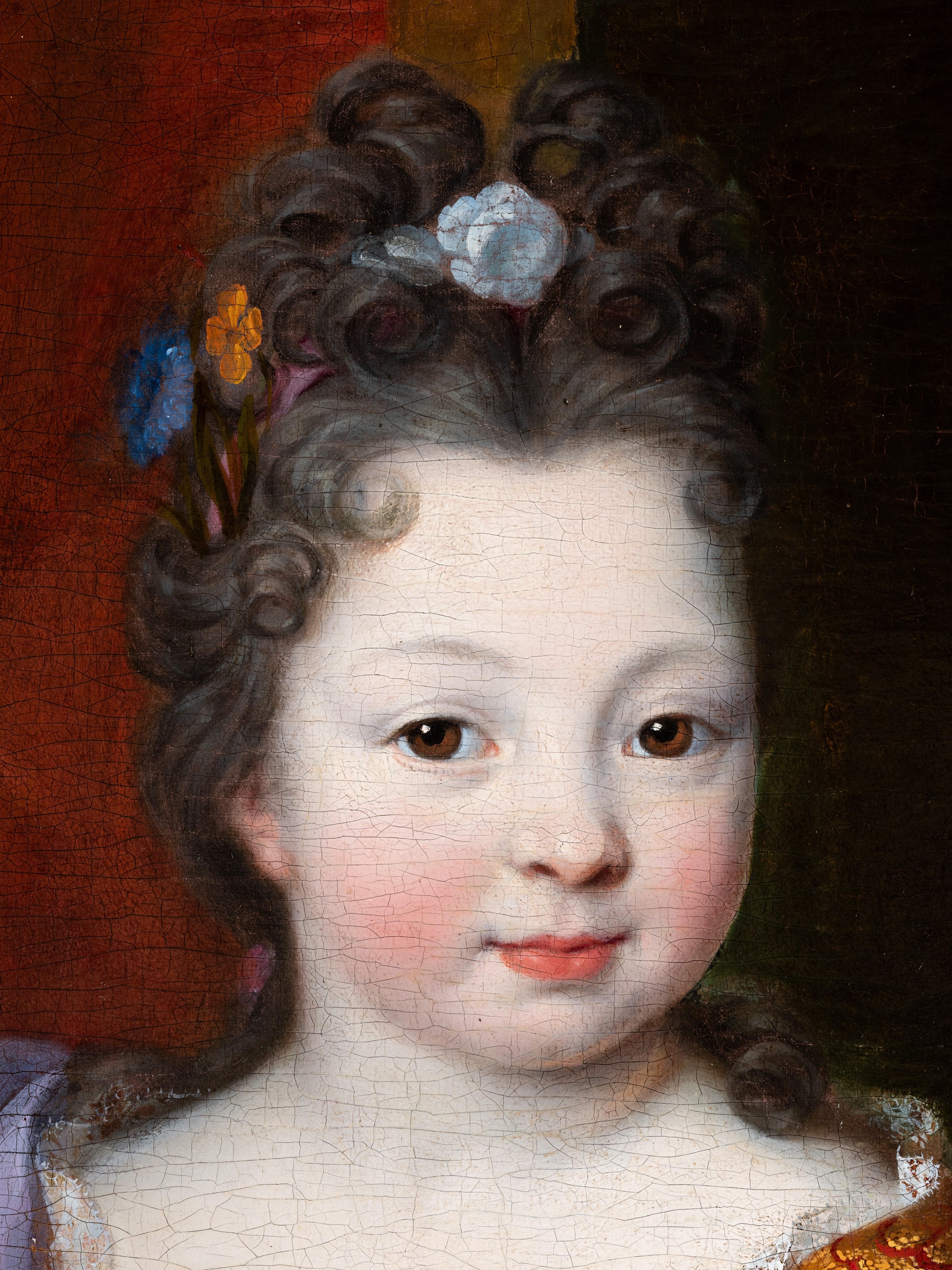 Presunto ritratto di Françoise Marie de Bourbon da bambina
Attribuito a Pierre Mignard (Troyes 1612-Parigi 1695)
Scuola francese del XVII secolo, circa 1685
Olio su tela, dimensioni: H. 100 cm, L. 80 cm
Importante cornice in legno dorato di epoca