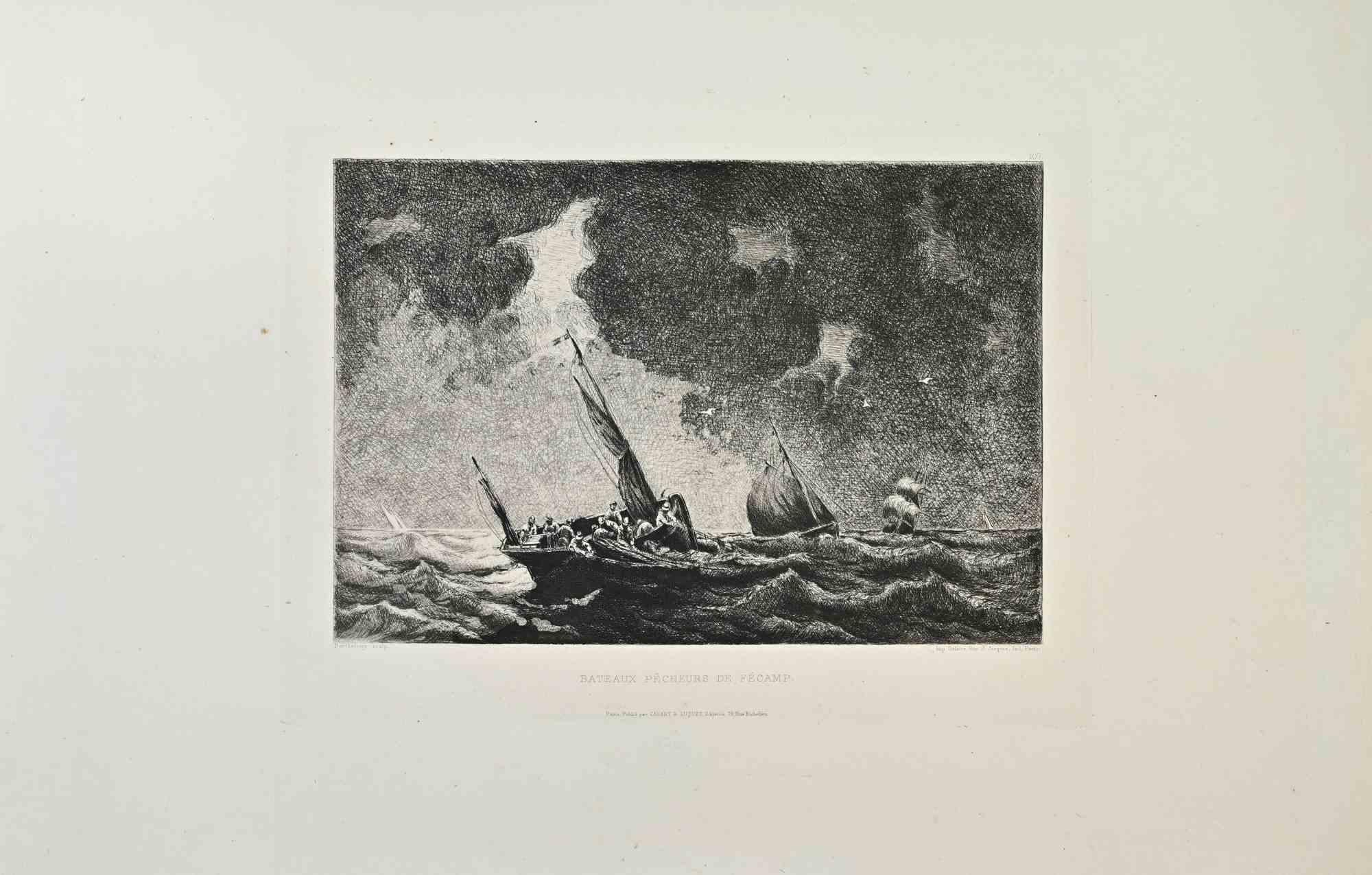 Pierre-Émile Berthélemy Figurative Print - Bateaux Pecheurs de Fécamp - Etching by Pierre-Emile Berthelemy - 1870s