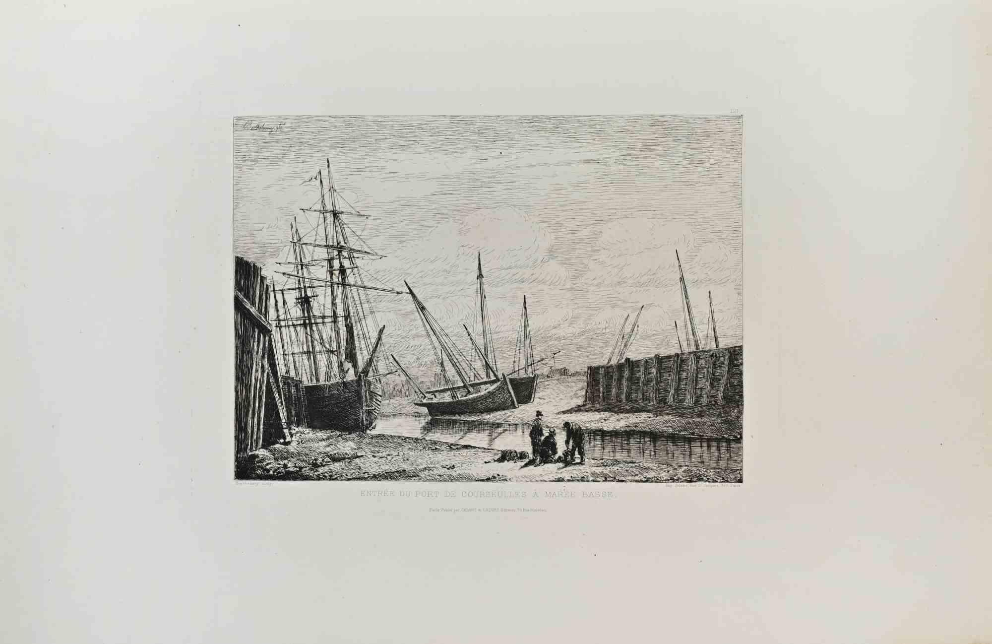 Pierre-Émile Berthélemy Landscape Print - Entrée du Port de Courseulles à Marée Basse-Etching by Pierre Berthélemy-1864ca