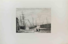 Entrée du Port de Courseulles à Marée Basse-Etching by Pierre Berthélemy-1864ca