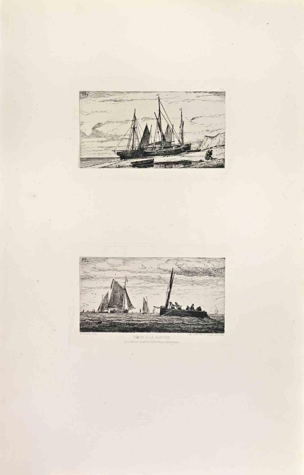 Peche a la Sardine is a black and White etching realized by Pierre-Émile Berthélemy in the 1860s. 

Titled in the lower.

Image size: 12 x 18, 12 x 18.

Very good impression with wide margins and a very fresh inking.

Realized for the "Société des